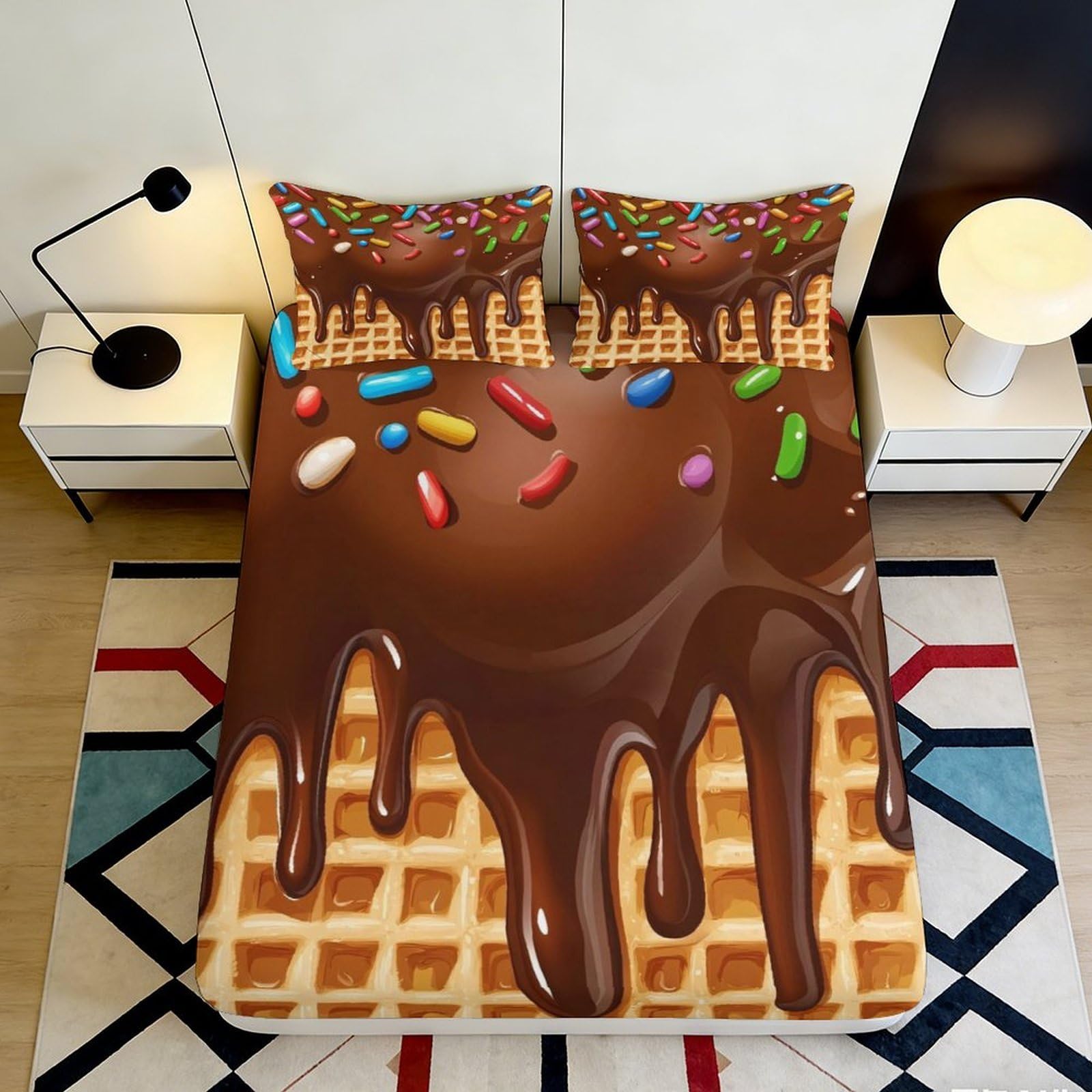 3D Printed Chocolate Waffle Fitted Sheet Microfiber Soft Bedroom Decor Candy Sprinkle Mattress Cover for Home Dorm 90x200x25cm