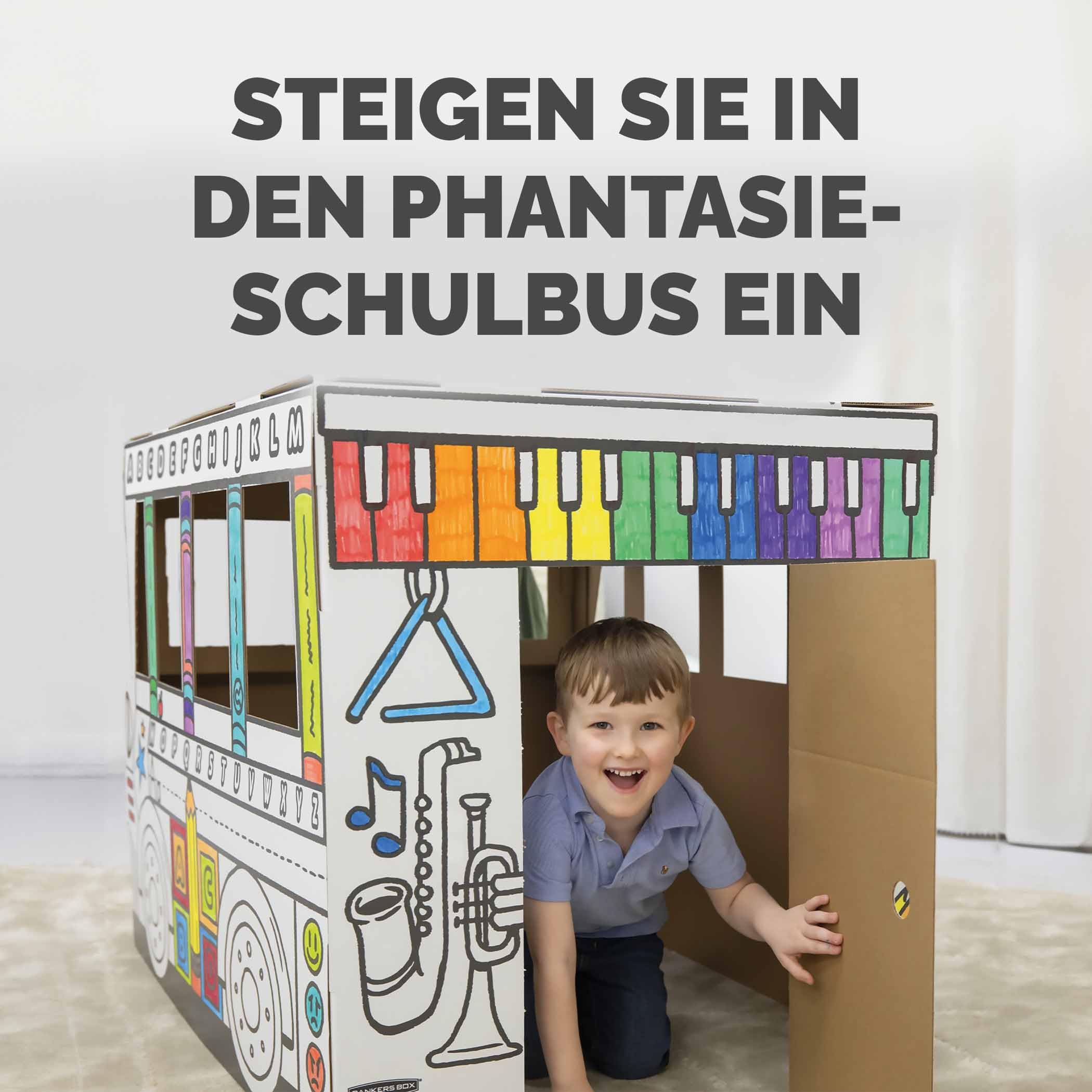 BANKERS BOX Colour-In School Bus Cardboard Playhouse für Kinder (114,3 x 78,74 x 83,82cm) - Craft Activity mit Türen & Sonnendach - Einfache Montage - FSC Zertifiziert, 100% recycelbar - Alter 3+