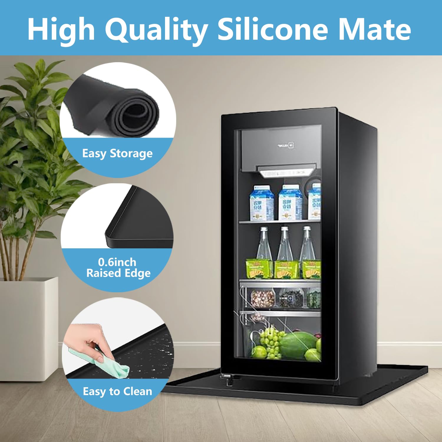 Mini refrigerador de silicona con borde elevado, mini refrigerador de 19.7 x 19.7 x 0.6 pulgadas que protege el equipo de fugas y derrames debajo de la alfombra, proporcionando una protección final 2