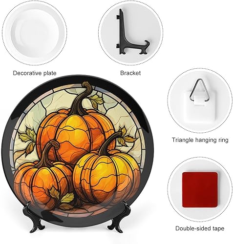 Miniatura 10 de Platos decorativos de Halloween, calabaza en el bosque, 31 de octubre por la noche, vitral, plato de cena de cerámica con soporte de exhibición,