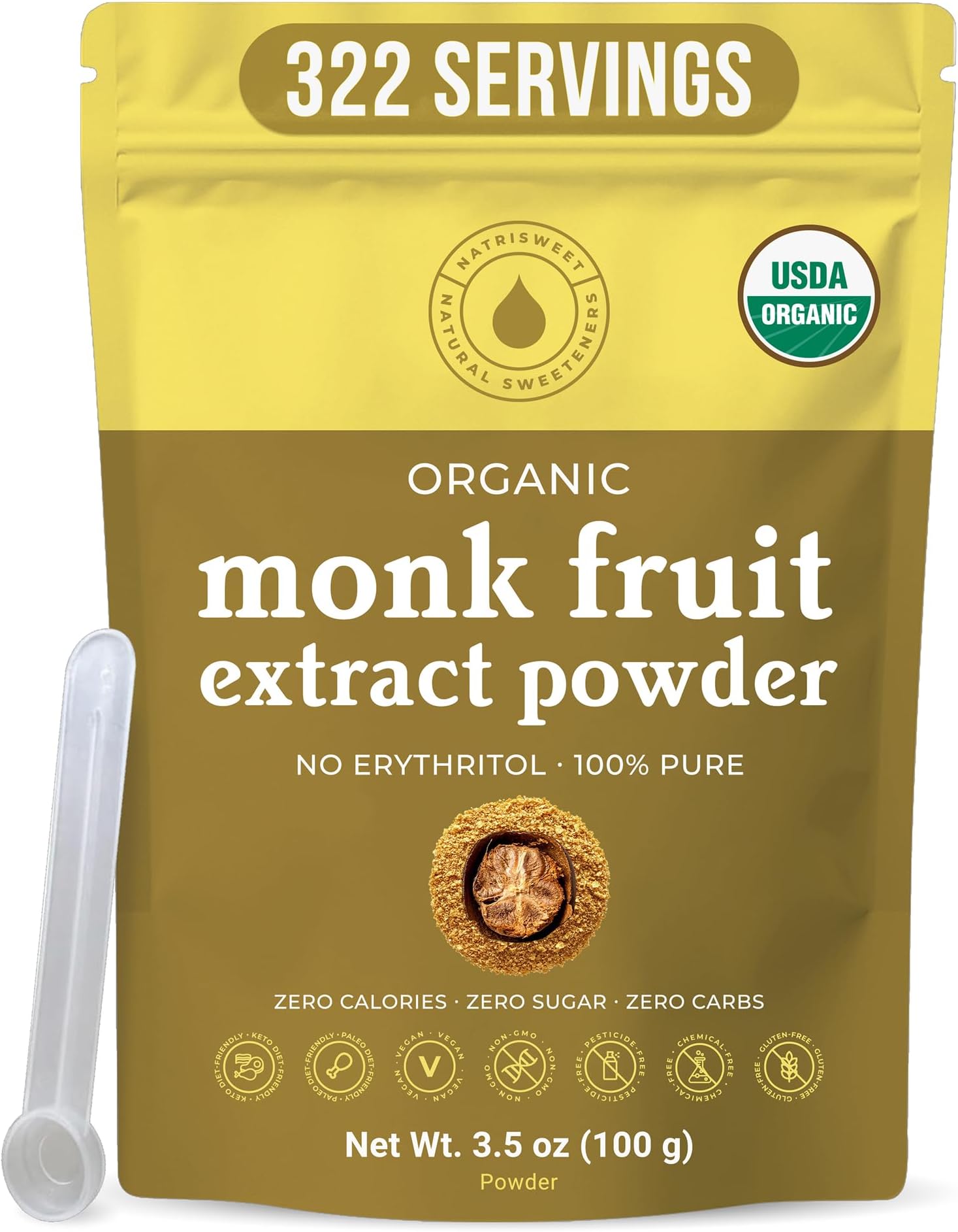 Organic Monk Fruit Extract Powder, 3.5 oz, Pure USDA Organic Monk Fruit Extract Sweetener with No Fillers, Zero Calories, Zero Carbs, Keto & Paleo Friendly Sugar Substitute, 322 Servings by Natri Sweet