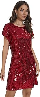 Women's Crewneck Sequin Shift Dress Short Sleeve Casual Holiday Sparkly Party Dress - Buy now