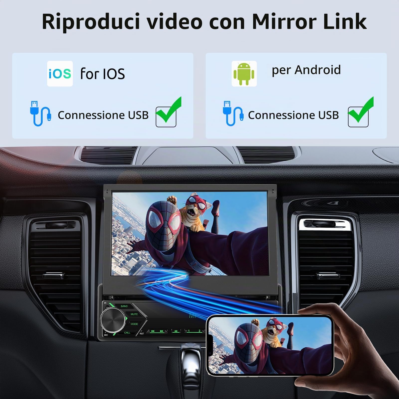 VECHTEL Autoradio 1 Din con wired Carplay Android Auto, Schermo Tattile Pieghevole da 7 Pollici IPS Bluetooth Stereo Auto, Radio FM, Mirror Link, USB, SWC, Mic, Telecamera Posteriore