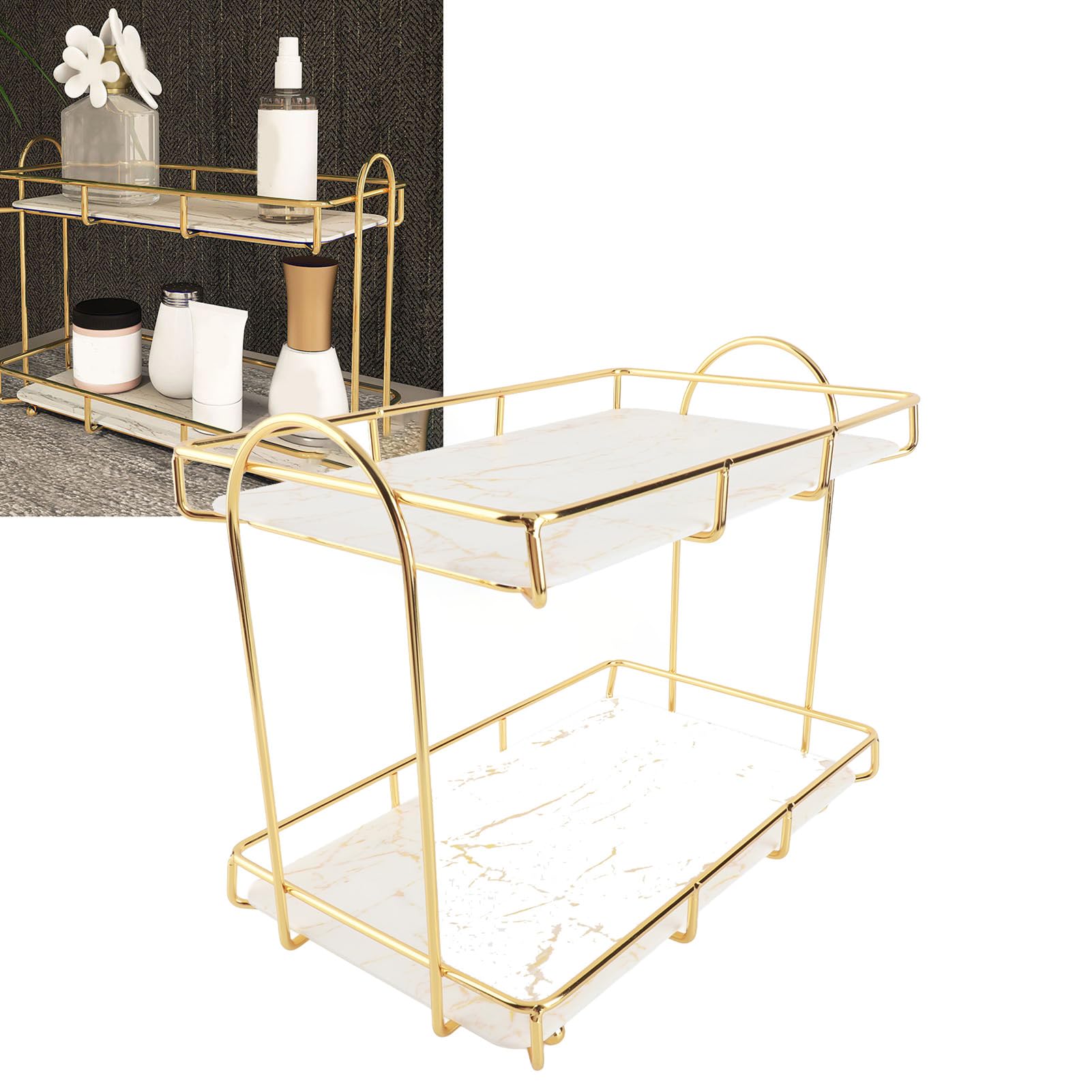 Asixxsix Organizador de baño, Bandeja de tocador Multiusos de 2 Niveles con Revestimiento Dorado para lociones, Maquillaje, cosméticos, perfumes, detergente y Especias, Dorado (L)