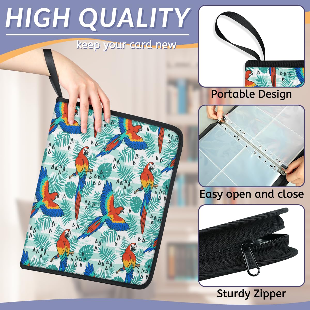 Carpeta para tarjetas de intercambio, 4 bolsillos, hojas de palmera tropicales, pájaros, loros, carpeta, carpeta, álbum de tarjetas con fundas extraíbles, impermeable, con cremallera, capacidad para