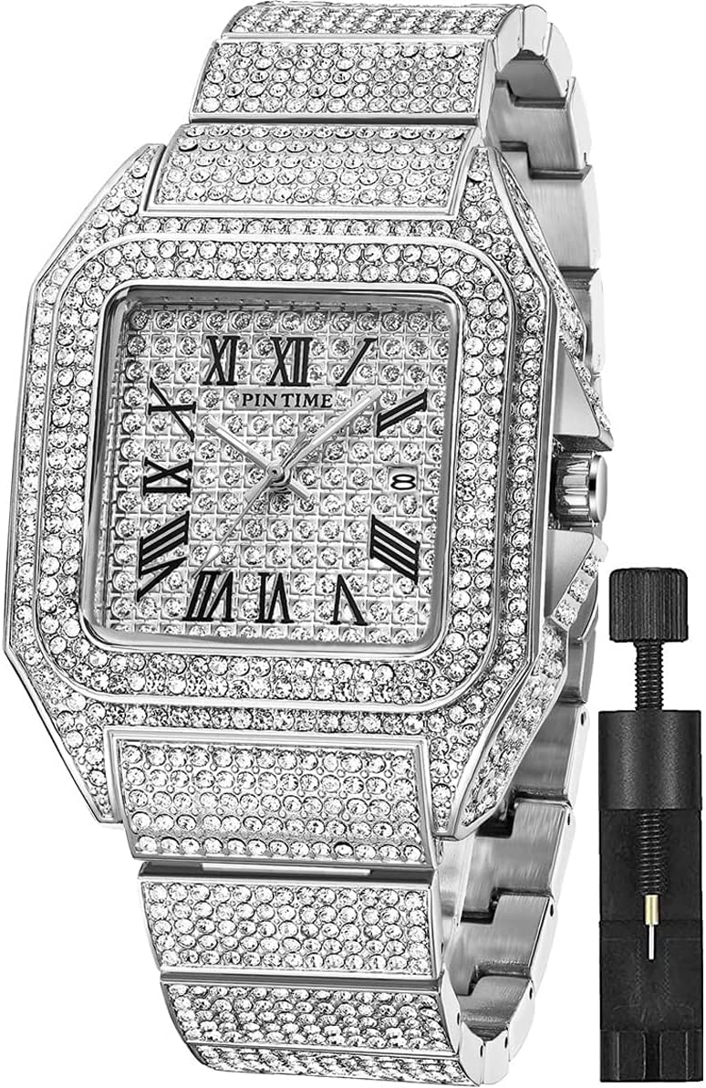 Fashion Hip Hop Men's Crystal Watch Bling Bling Watch Rectangle Case Stainless Steel Quartz Analog Bracelet Wristwatch