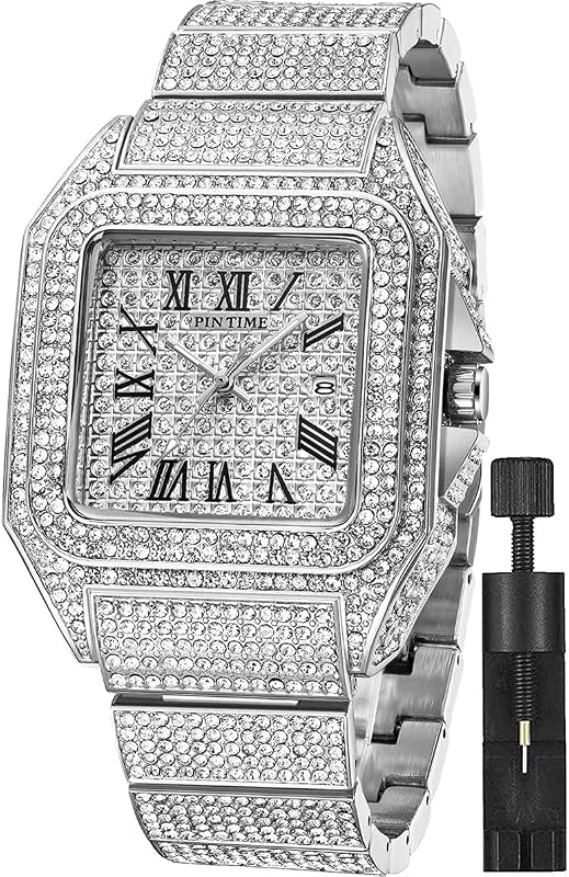 Reloj de cristal de hombre Gosasa Fashion Hip Hop Reloj Bling Reloj Bling Caja rectangular Pulsera analógica de cuarzo de acero inoxidable Reloj de pulsera