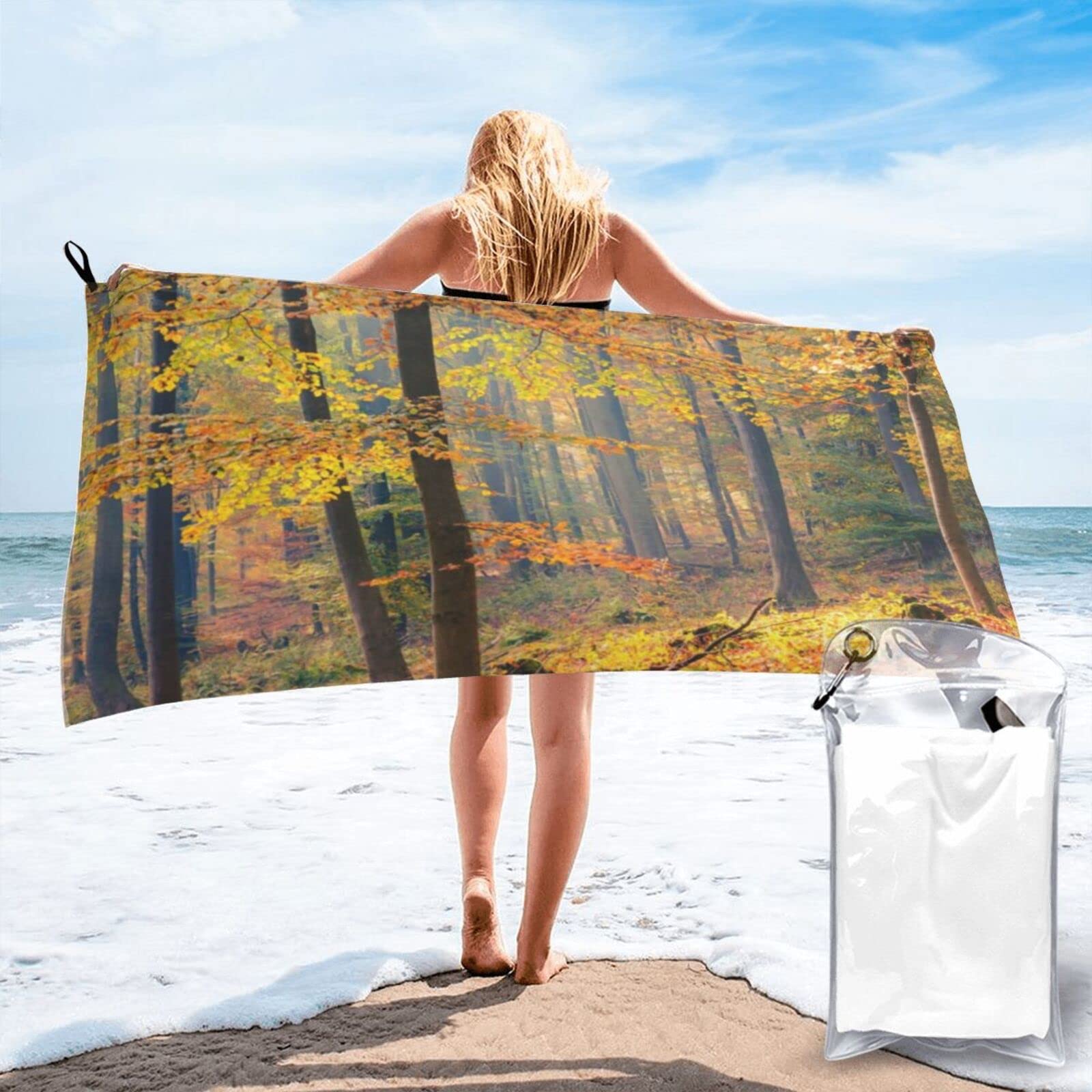 Lawenp Autumn Trees and Leaves Microfiber Beach Towel Adults Large Quick Drying Bath Towel Travel Towels with Pouch 27.5"x55"
