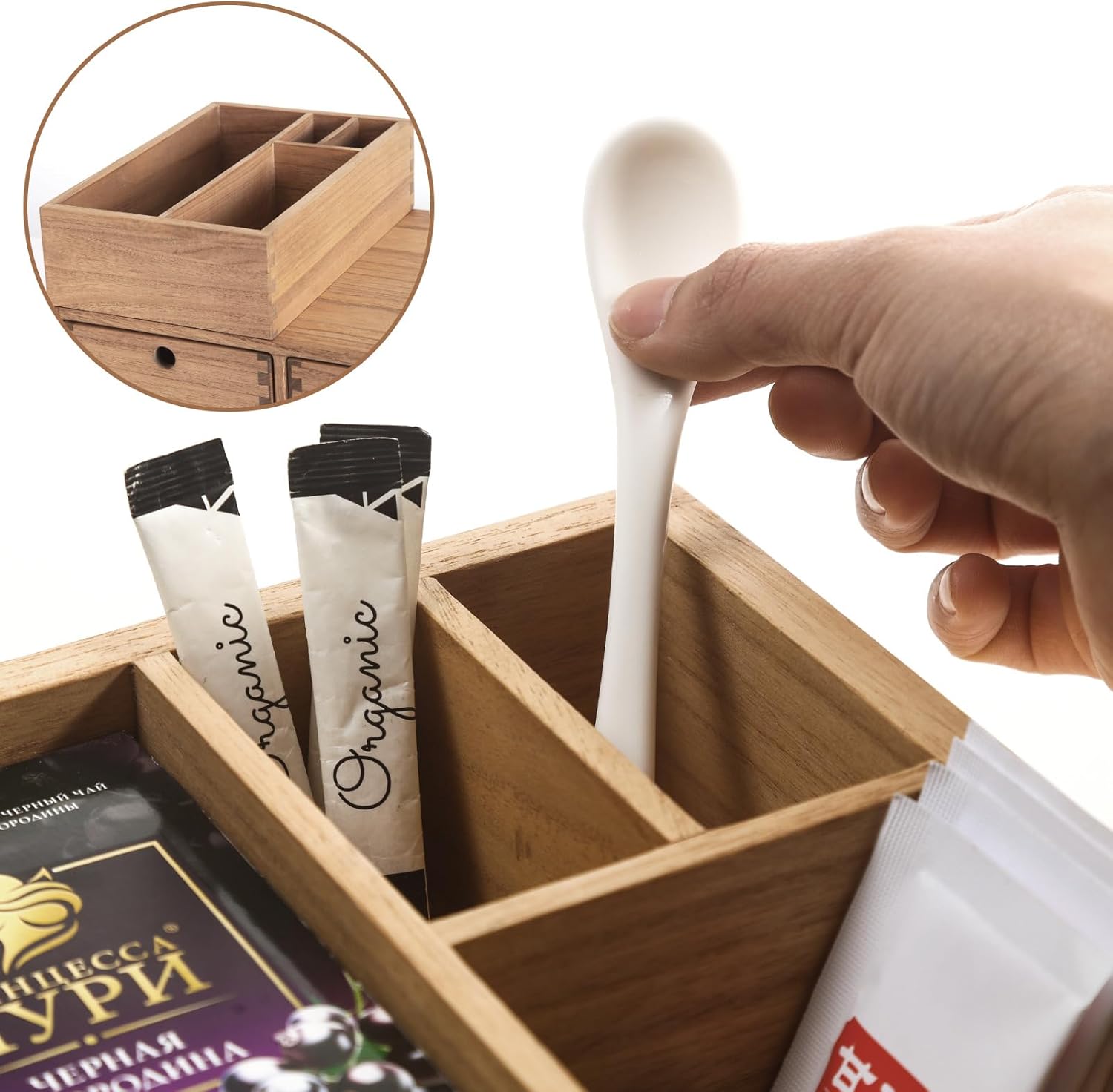 KIRIGEN Wood Coffee Station Organizer Coffee Bar Accessories Storage Organizer Tea Condiment Storage Organizer Coffee Pod Holder with Drawers Brown (KFJTZ-DBR)