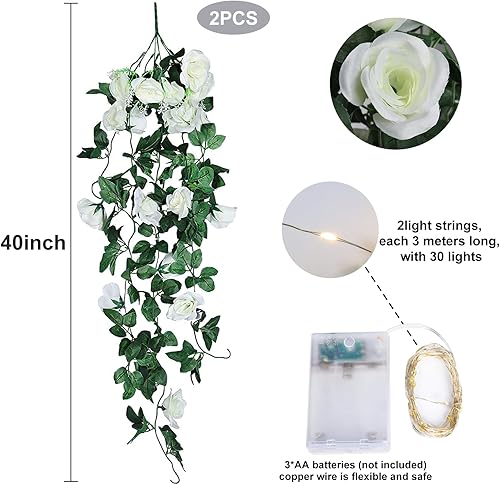 Miniatura 2 de RECUTMS Plantas artificiales colgantes, 2 piezas, 3.3 pies, rosas, flores, vides, bodas (blanco)