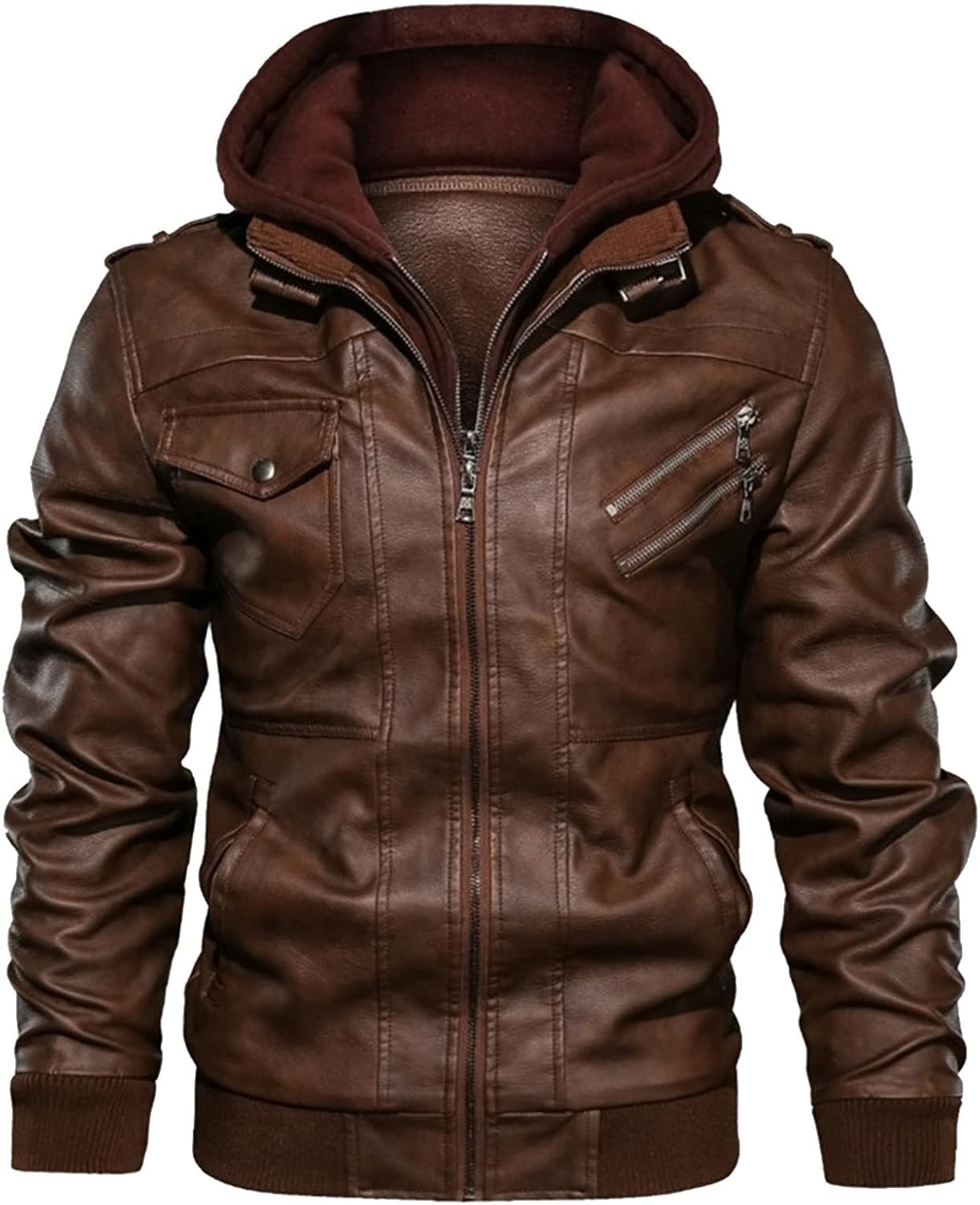 Ymosrh Men's Leather Bomber Jackets Casual Motorcycle Jacket Faux with Hood Jacket, M-3XL