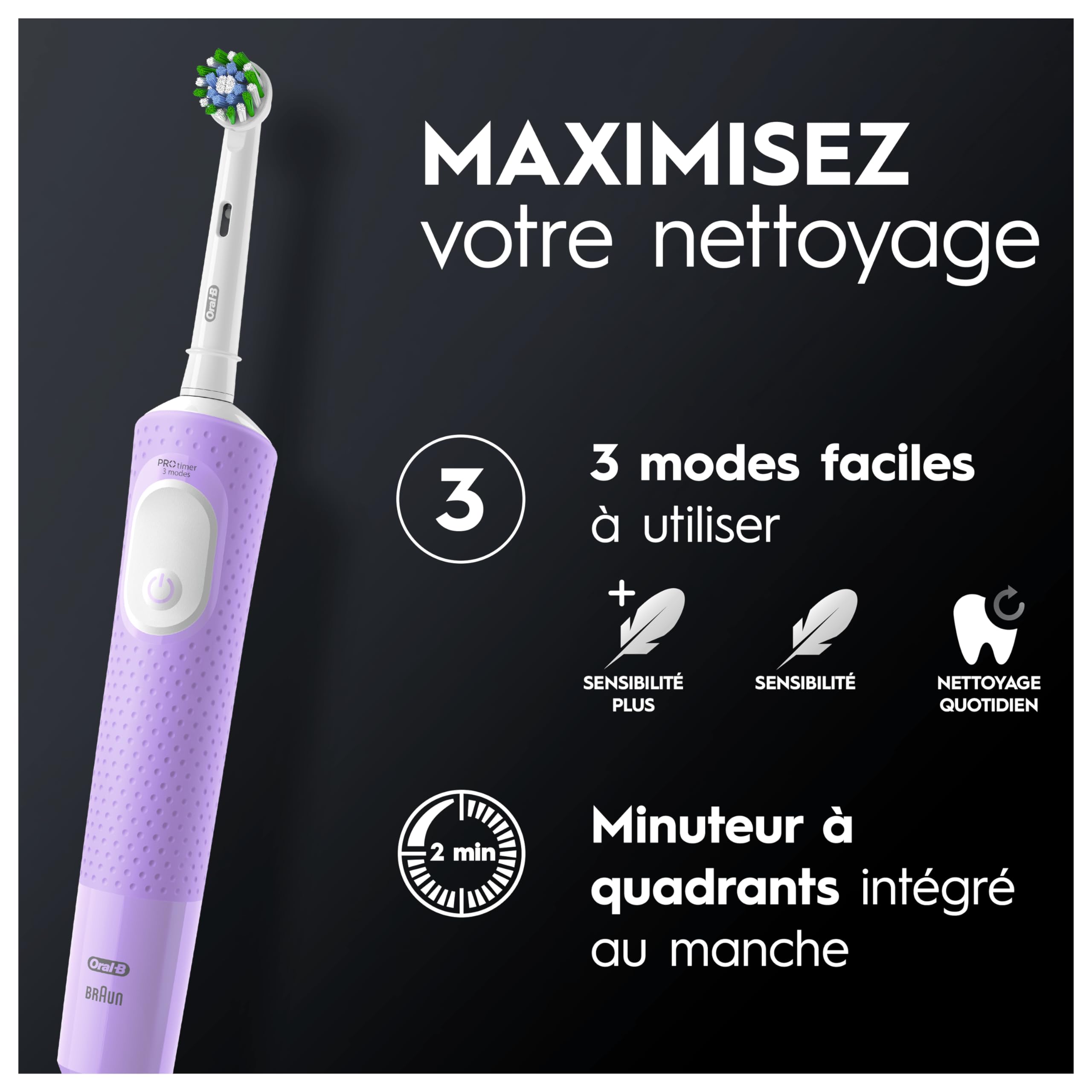 Oral-B Brosse à Dents Electriques Vitality Pro, avec Brossette de Rechange, Violette – 3 Modes de Brossage dont Sensibilité pour les Gencives, Minuteur Intégré, Chargeur