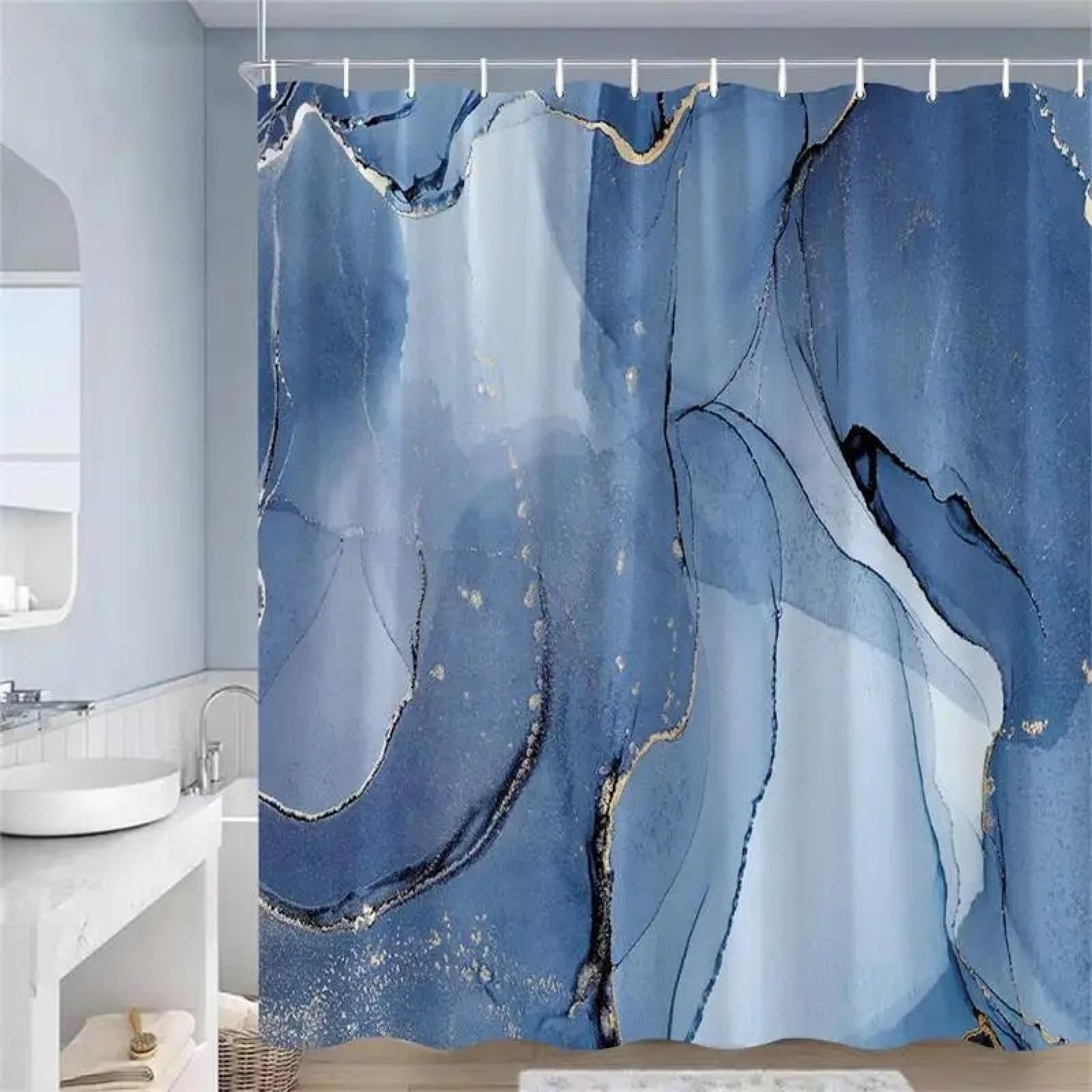 RosieLily Tenda Doccia Blu Effetto Marmo 182x182 Cm – Set Con 12 Ganci – Decorazione Bagno