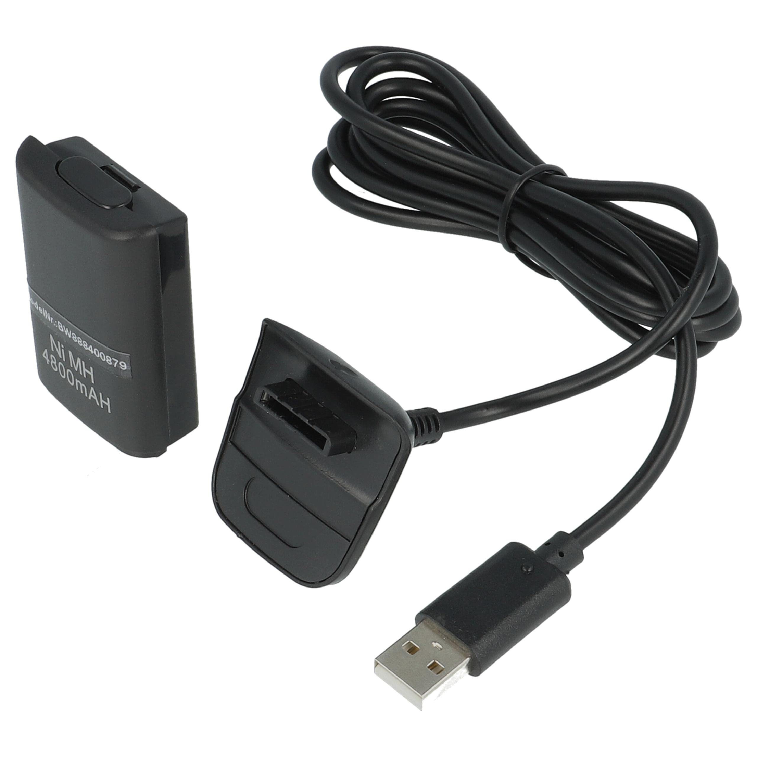 vhbw Kit Carga y Juega Compatible con Microsoft Xbox 360 Controller - 1x Cable de Carga, 1x batería, Negro