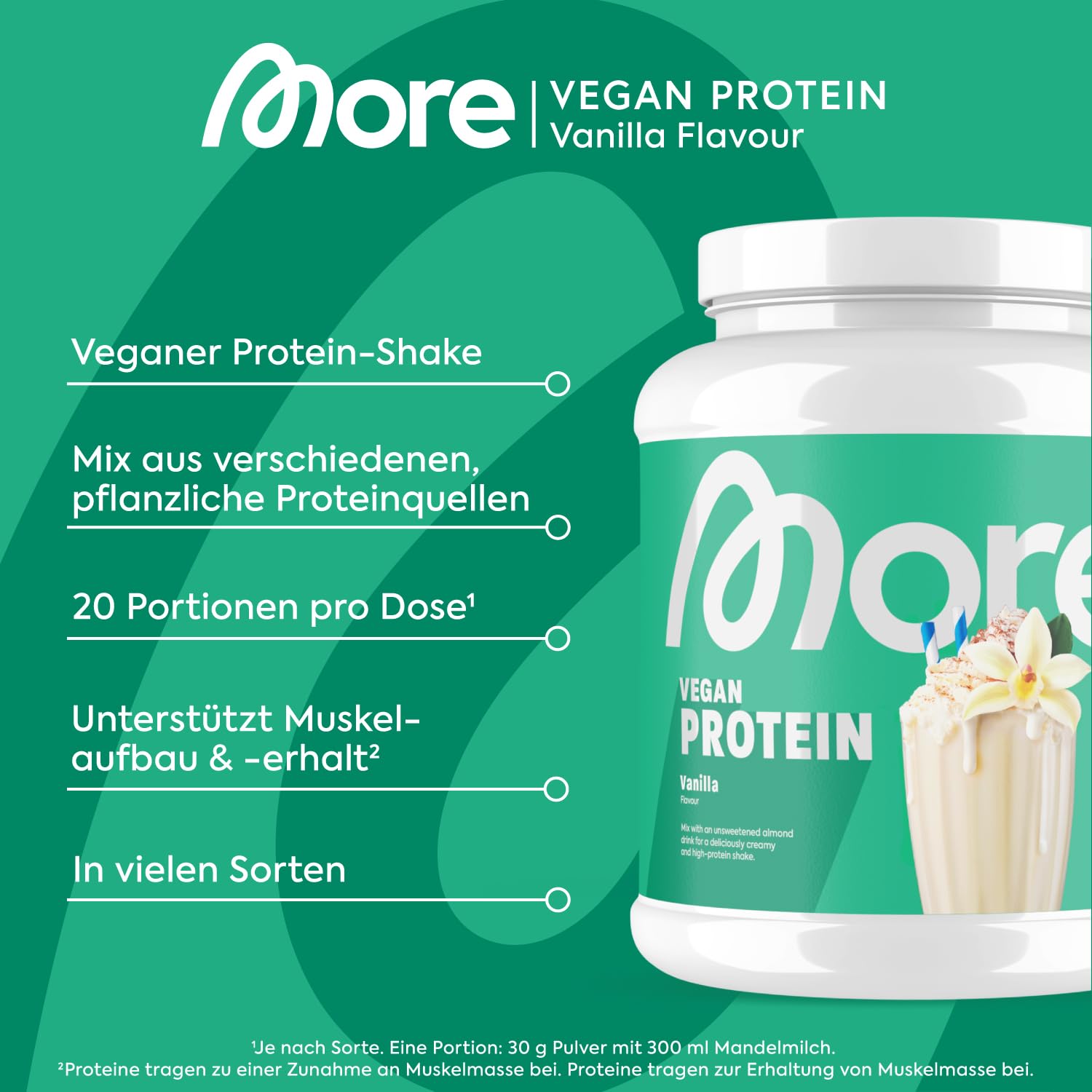 MORE Vegan Protein, 600 g, Vanilla, Proteinpulver mit bis zu 26 g Protein pro Portion, mit Soja- und Mandelprotein - made in Germany