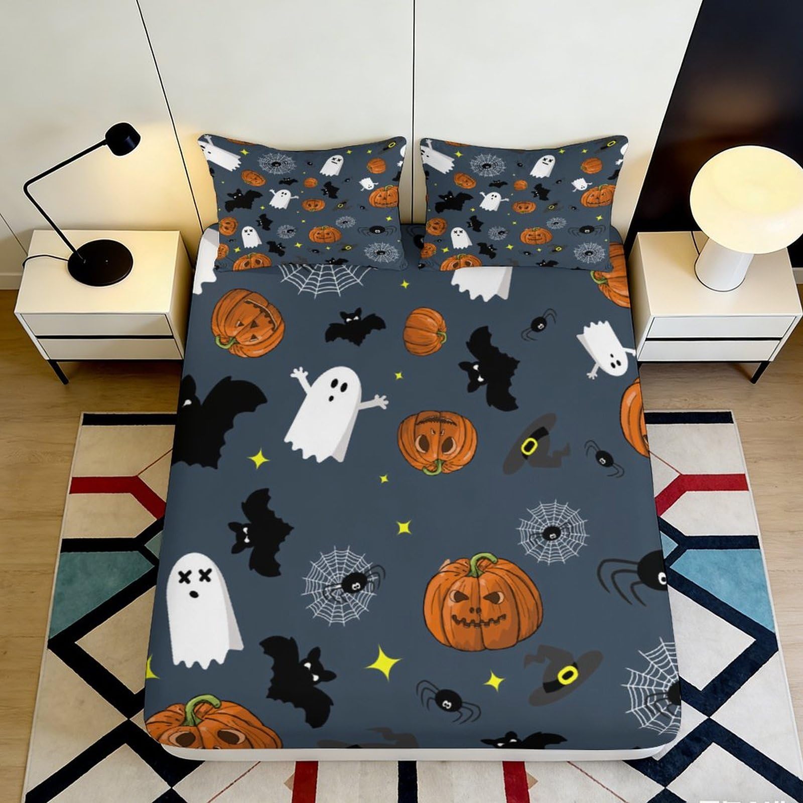3D Printed Halloween Ghost Fitted Sheet Microfiber Orange Pumpkin Mattress Cover for Bedroom Dorm Decor Easy Care 90x200x25cm
