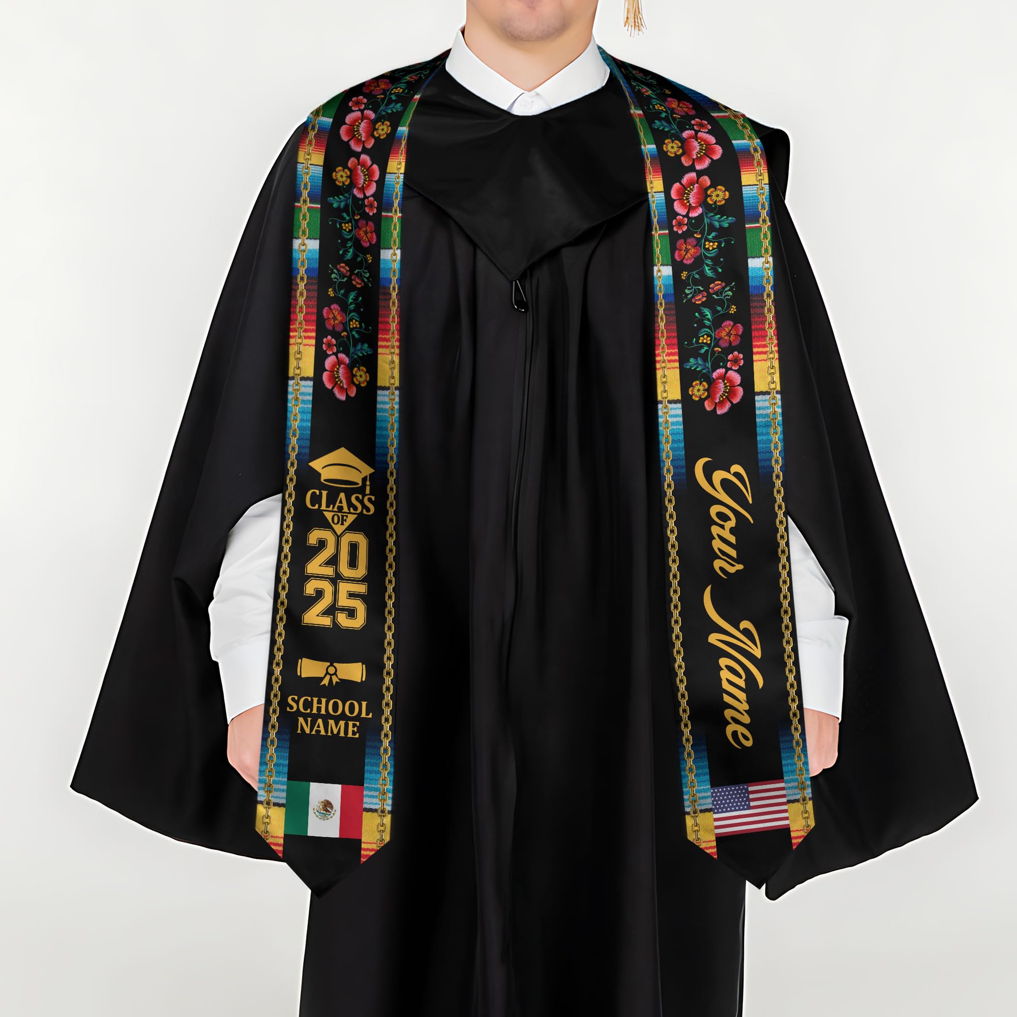 MonkeyVan Custom Mexican Graduation Sash Mexico Graduation Stole 2025 Mexican American Flag Graduation Sash Mexican Graduation M29