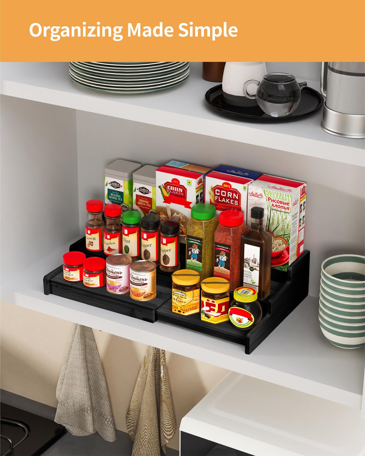 VenDotbi Organizador de especias, organizador de especias de bambú expandible de 3 niveles, ideal para armario de cocina, armario, despensa y más, negro (paquete de 2)