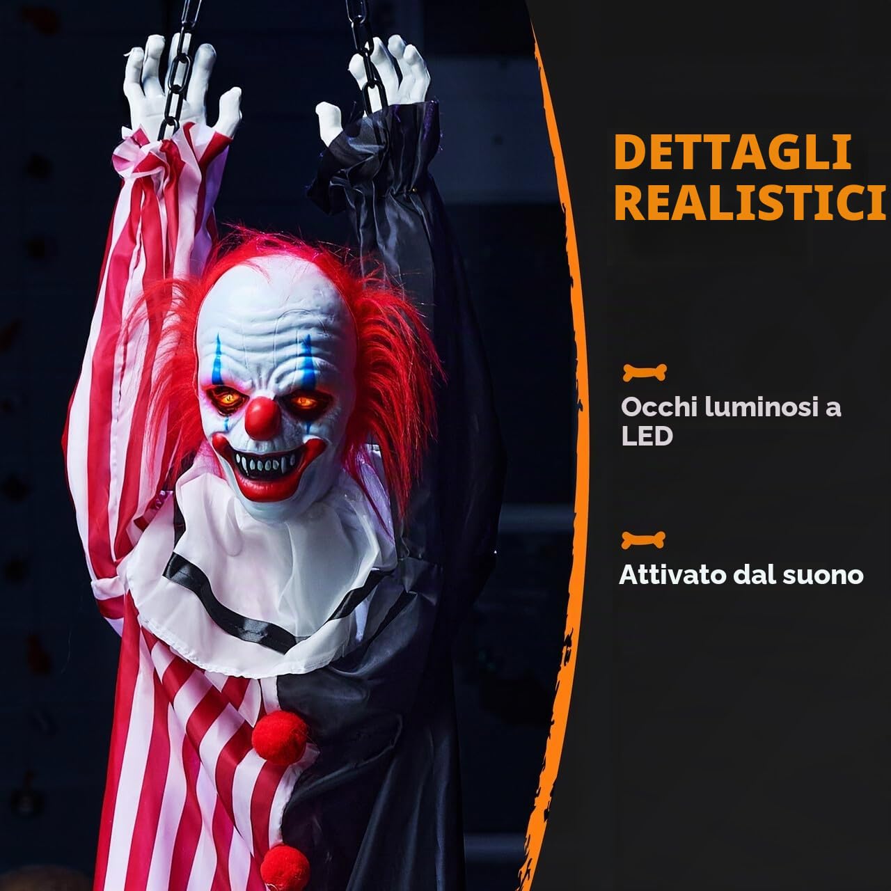 JOYIN Decorazione animatronica da appendere a forma di clown di Halloween, con catena, 165 cm, spaventoso clown con movimento, luce e suono (attivato dal suono), decorazione animata per cortile