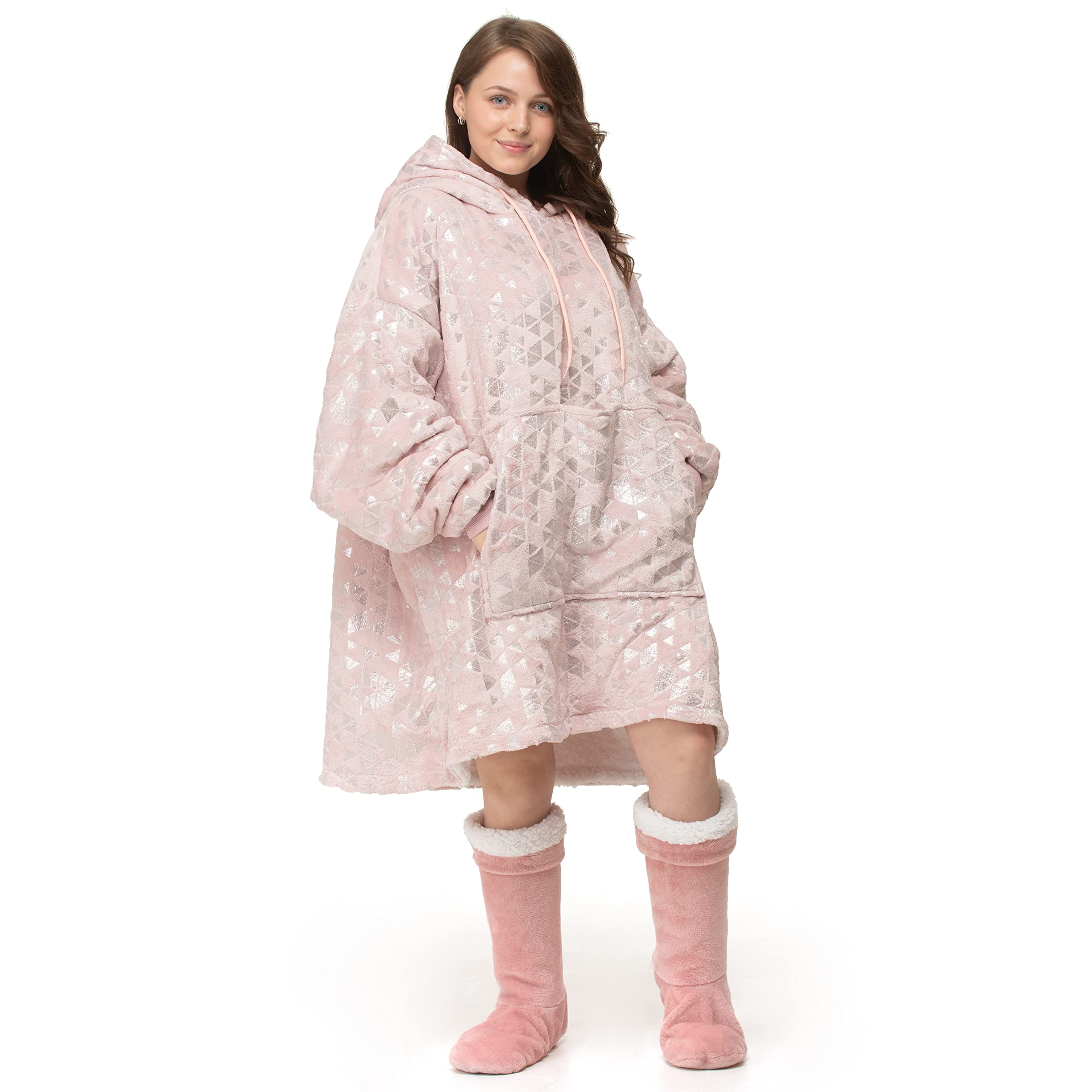 Velosso Oversize Hoodie Pink Blanket Snug and Cosy Faux Fur Wearable Blanket Shaggy Fluffy Teddy Soft Hoodie Gift For Him Her with Pocket (Foil Pink Sparkle)
