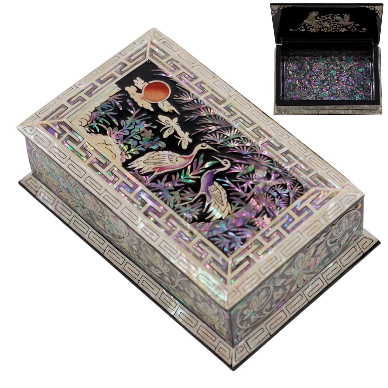 February Mountain Black Mother Of Pearl Trinket Box – Elegant Organiser For Jewellery & Keepsakes – Ideal For Birthday, Mother’s Day & Wedding Gifts (Crane & Pine Landscape)