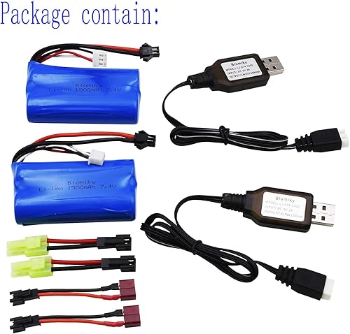 Miniatura 3 de Blomiky Paquete de 2 baterías H101 7.4V 2S 15C 1500mAh con enchufe SM 2P y cable de cargador USB para H105 H103 H101 Control remoto RC Boat H101