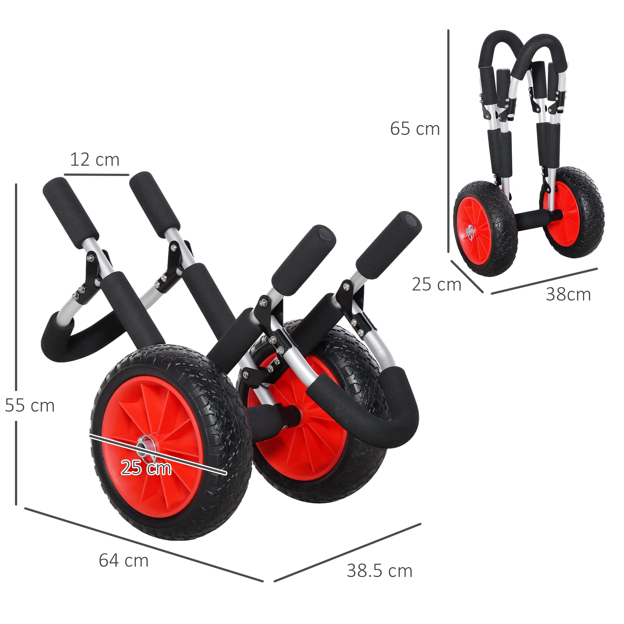 HOMCOM Carrito de Tablas de Surf Carrito de Transporte Plegable con 2 Ruedas Carga 45 kg y Marco de Aluminio para Tablas de Surf con Espesor Inferior a 12,5 cm 64x55x38,5 cm Negro y Rojo
