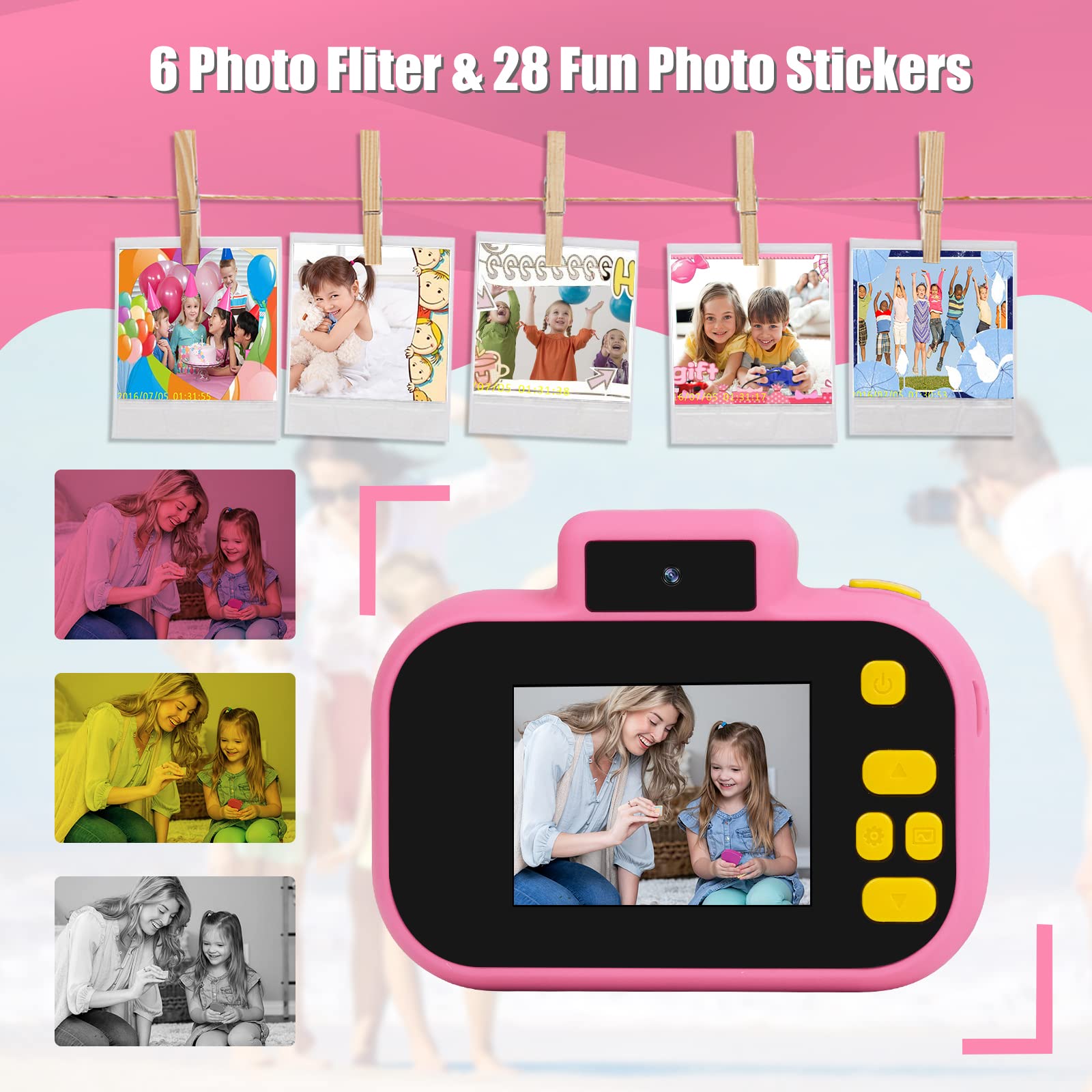 Cámara para niños, cámara digital rosa para selfie, juguetes de cumpleaños para niñas de 3 a 9 años, grabadora de video digital HD portátil para niños con tarjeta SD de 32G, juguetes para niños de 3 3