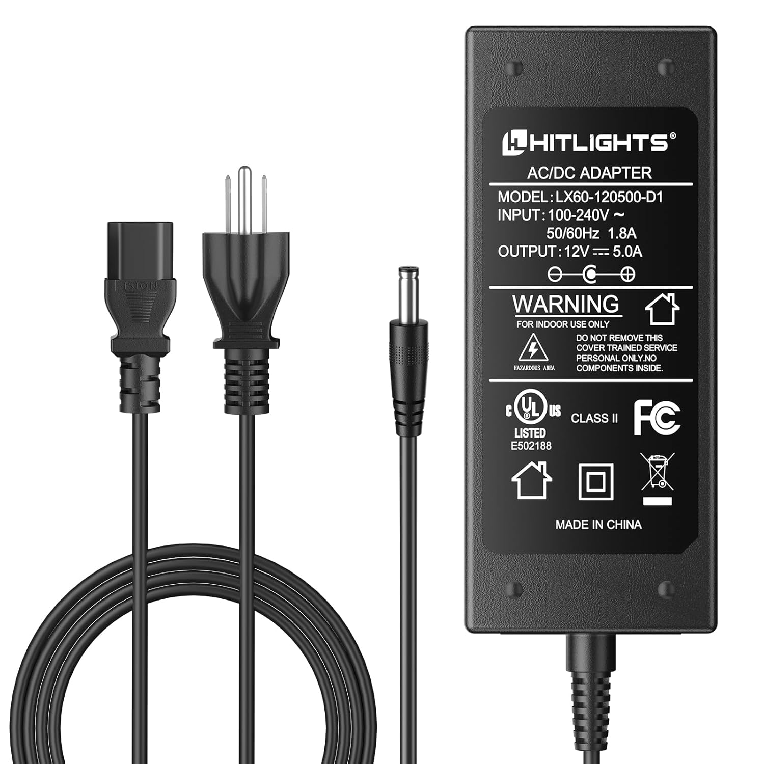 HitLights 12V 5A Power Supply Adapter, UL-Listed, 120VAC to 12VDC Transformer, 12 Volt 5 Amp Wall Charger for LED Strip Light and Low Voltage Devices