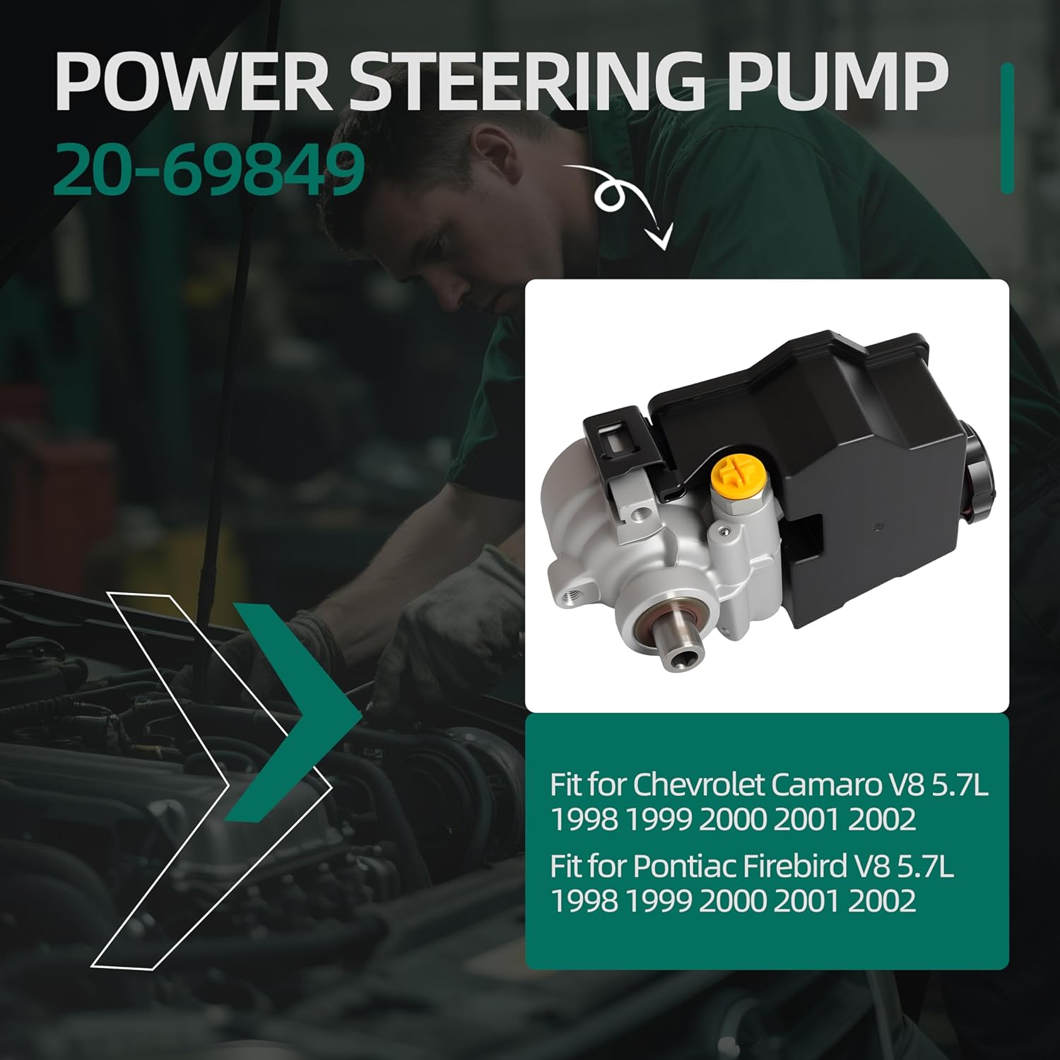 20-69849 Power Steering Pump with Reservoir for Chevrolet Camaro 1998 1999 2000 2001 2002, for Pontiac Firebird 1998-2002, V8 5.7L Engine - Replaces OE 2069849F, 26068934, 26068936, 734-77119