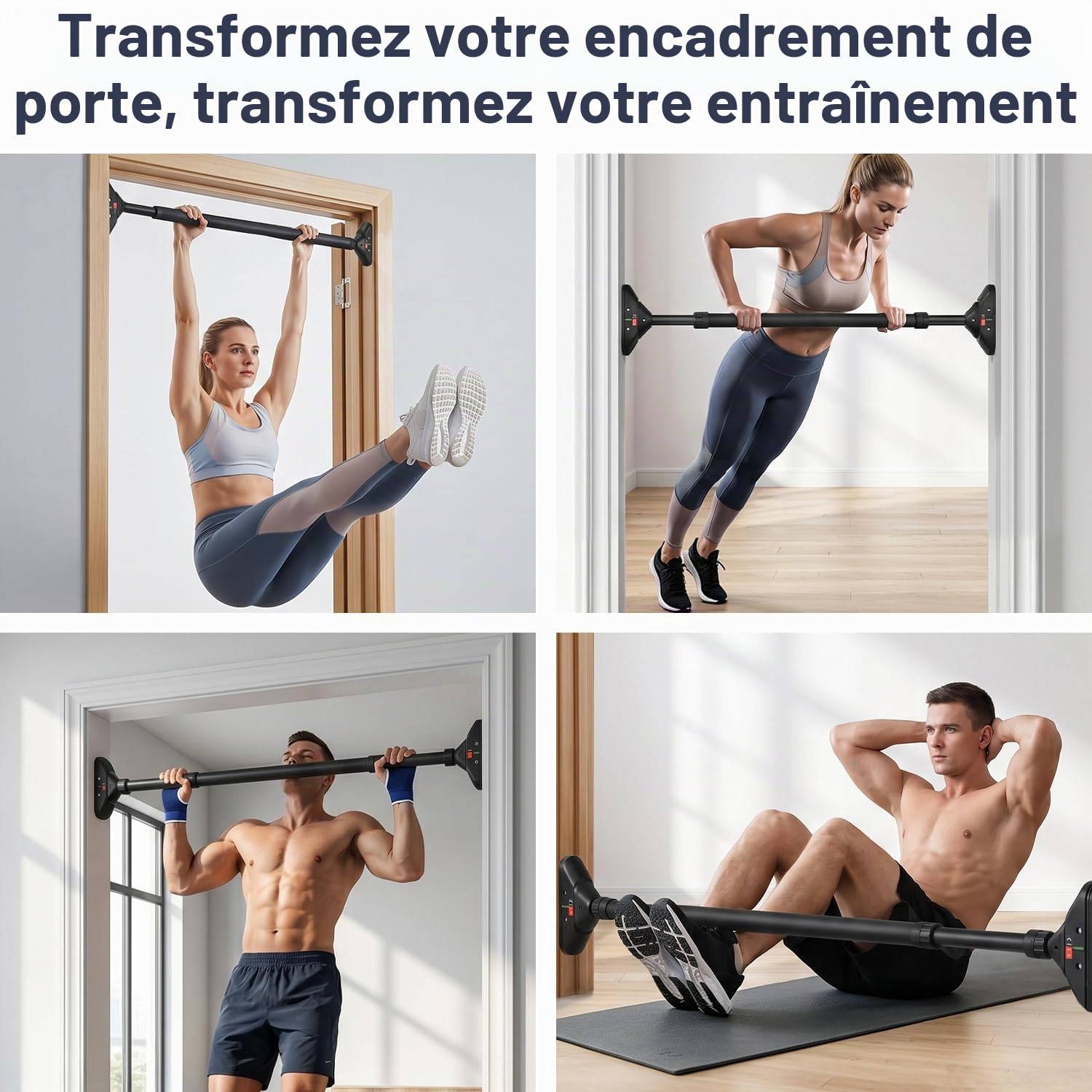 Barre de Tractions, Barre de Traction pour Porte sans vis, Barre de Traction réglable de 74 à 97 cm, Jusqu'à 200 kg,Bar de Traction Avec Niveau à Bulle