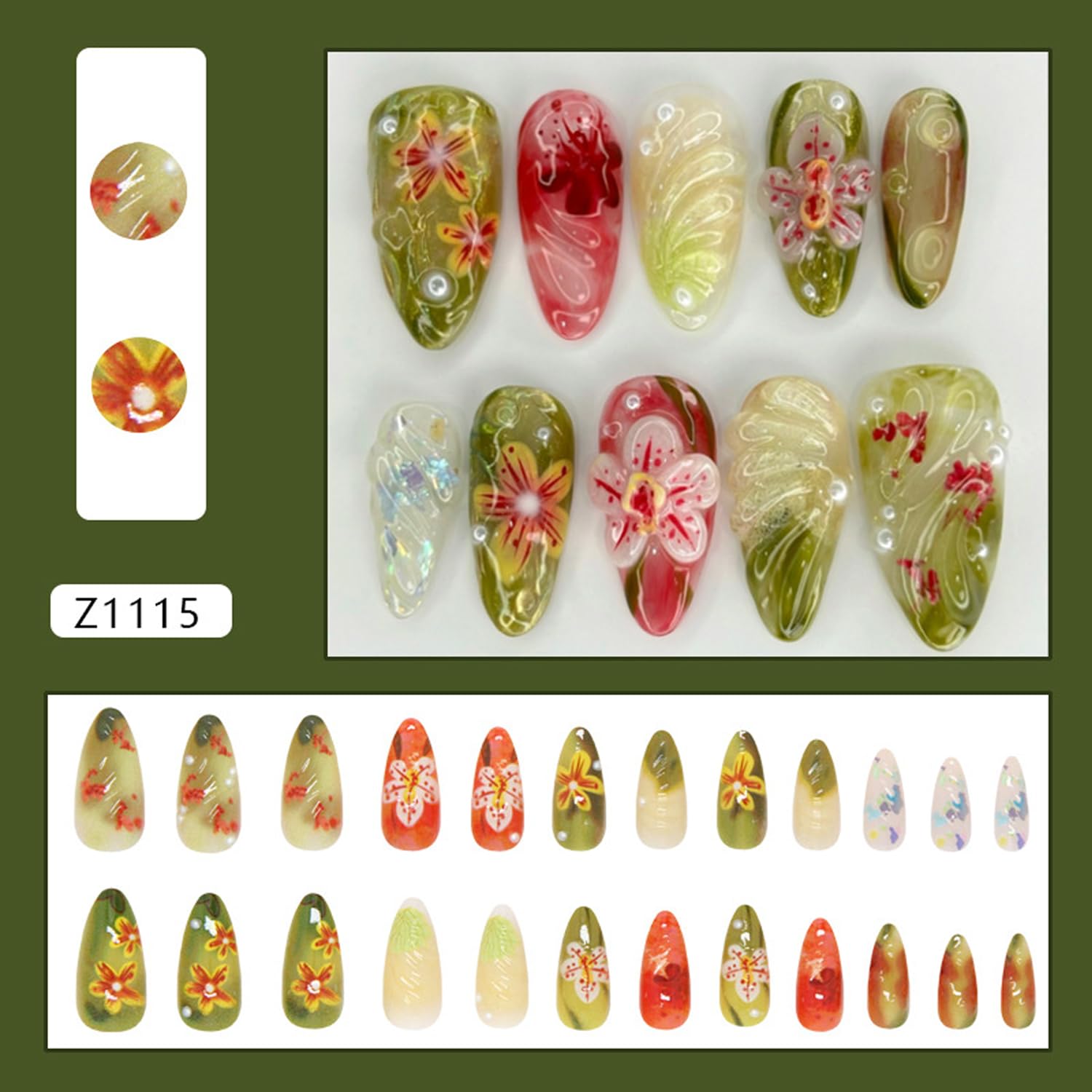 24Pcs Colorful Flowers Press on Nails Almond Medium Glossy Acrylic Fake Nails with 3D Pearl Design Glossy Green Flower False Nails Full Cover Artificial Nail Cute Stick on Nails for Women DIY
