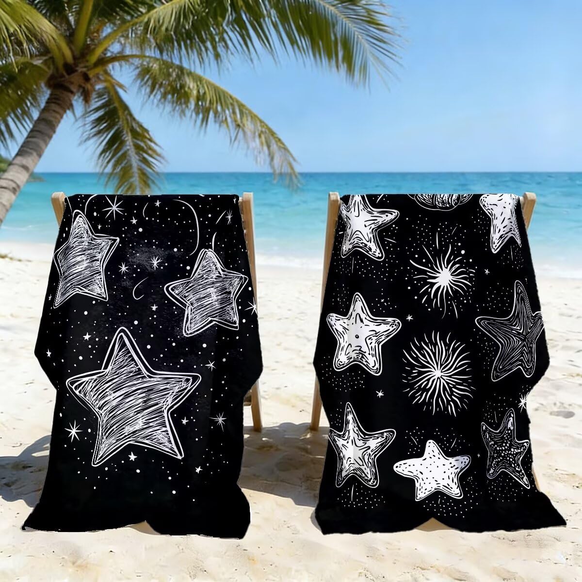 Serviette de Plage XXL 70x140 cm, Lot de 2 Serviette de Bain Microfibre, Anti Sable Serviettes Plage, Séchage Rapide Drap de Bain pour Homme Femme, Portable Fine Serviettes pour Fitness (Étoile) -4709