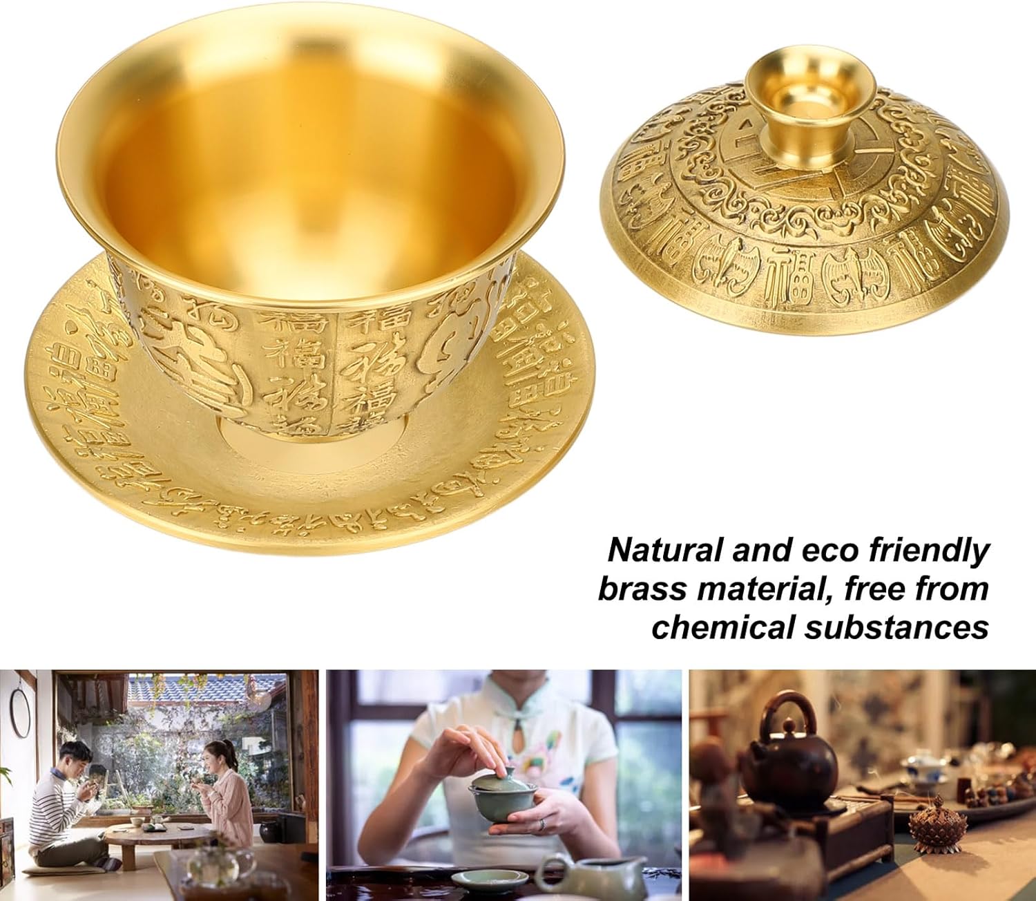 Gaiwan Tea Cup Set, 10oz Brass Kung Fu Tea Cup and Saucer with Lid Traditional Chinese Teaware for Home Office Ceremony Party Decor