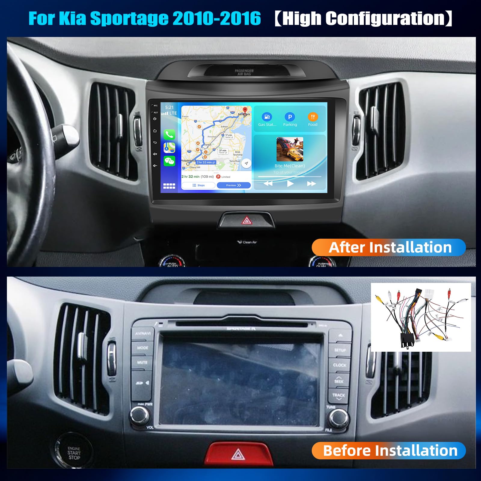 CAMECHO 8-rdzeniowy odtwarzacz samochodowy z Androidem 15 4+64 GB do Kia Sportage III (2010–2016) z CarPlay DSP nawigacją GPS ekranem dotykowym 9″ Bluetooth WiFi FM/RDS 32EQ MirrorLink