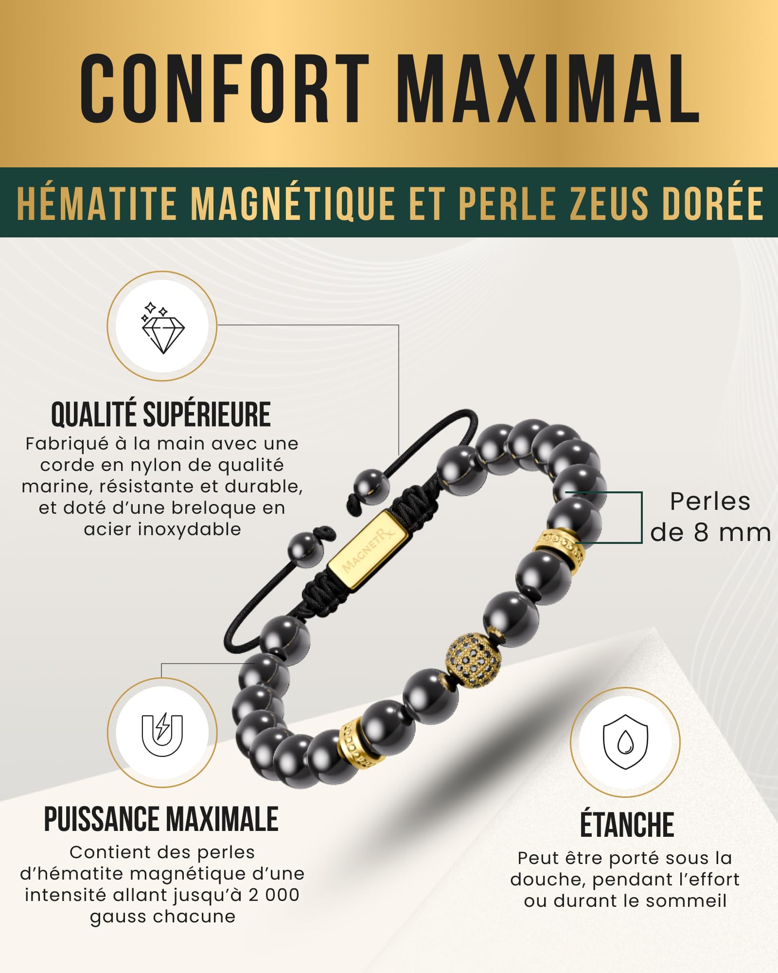 MagnetRX® Bracelet En Hématite Perlé Unisexe - Bijou Aimanté En Pierres Naturelles Hematite 8mm Méditation - Longueur Réglable (Perle Zeus dorée de 8 mm)
