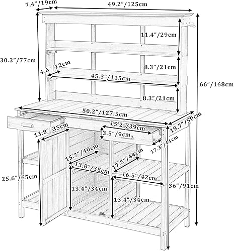 Miniatura 2 de Mesa Grande para Macetas de Exterior de 66" con 2 Cajones, Gabinete, Estantes Abiertos, Banco de Madera para Macetas para Jardín, Patio, Casa de