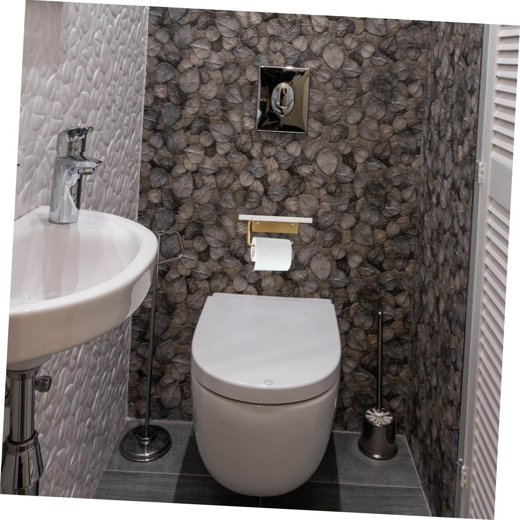POPETPOP Portarrollos de Papel Higiénico de Mármol Blanco con Estante, Montaje en Pared, Fácil de Instalar, para Baño y Almacenamiento