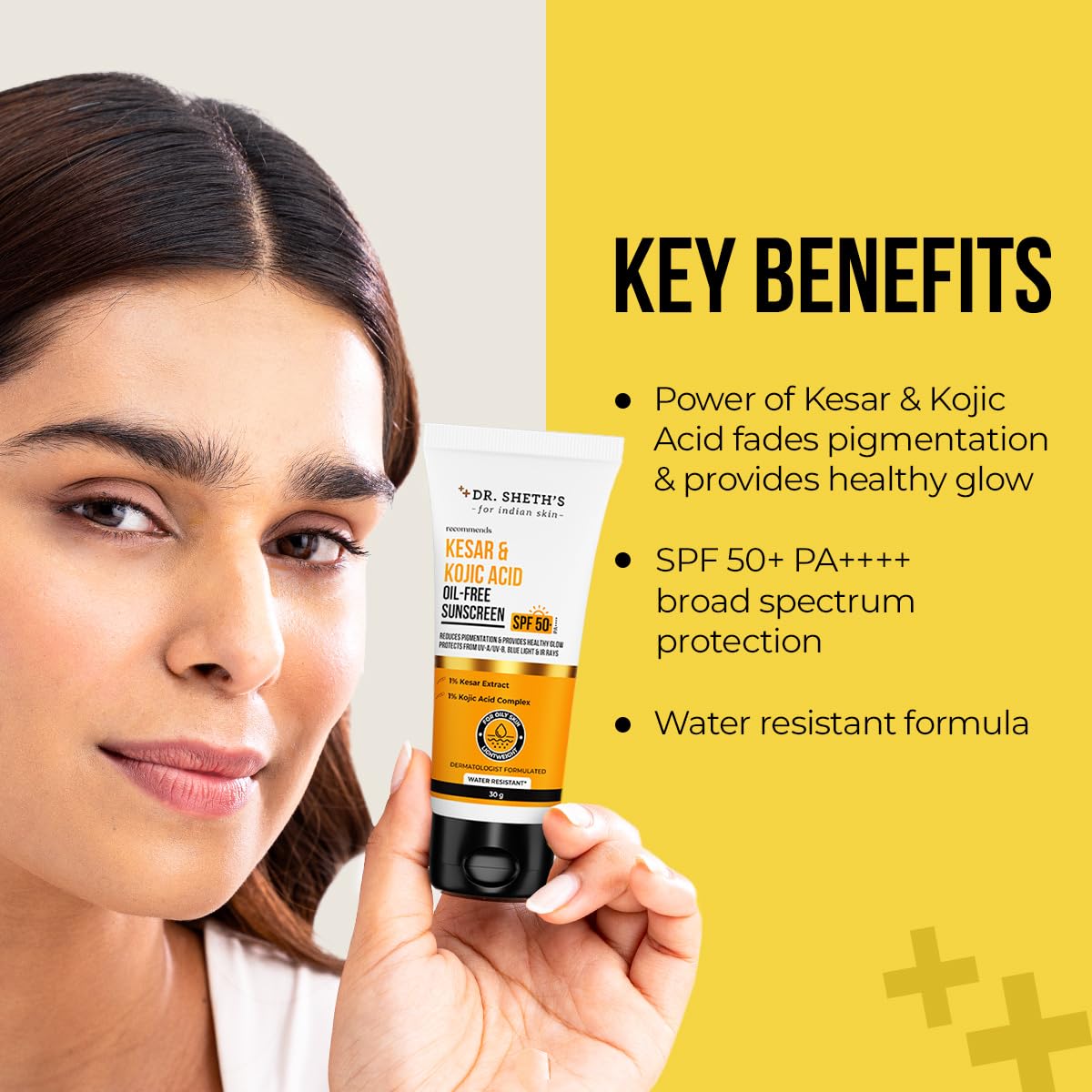 Dr. Sheth's Kesar & Kojic Acid Oil-Free Sunscreen SPF 50+ Pa++++ |In-Vivo Tested | For Pigmentation-Free Skin | Lightweight & Non Greasy | For UVA/UVB & Blue Light & IR Protection | No White Cast | For Oily Skin | For Men & Women | 30 g