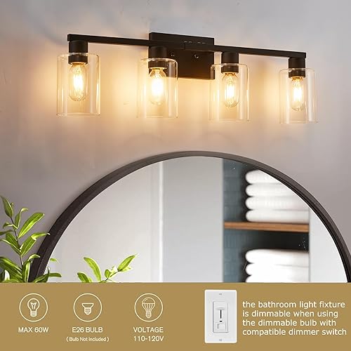 Miniatura 2 de Lámpara de tocador de baño de 4 luces, lámpara negra de tocador de baño con pantalla de vidrio transparente, accesorios de iluminación de baño sobre