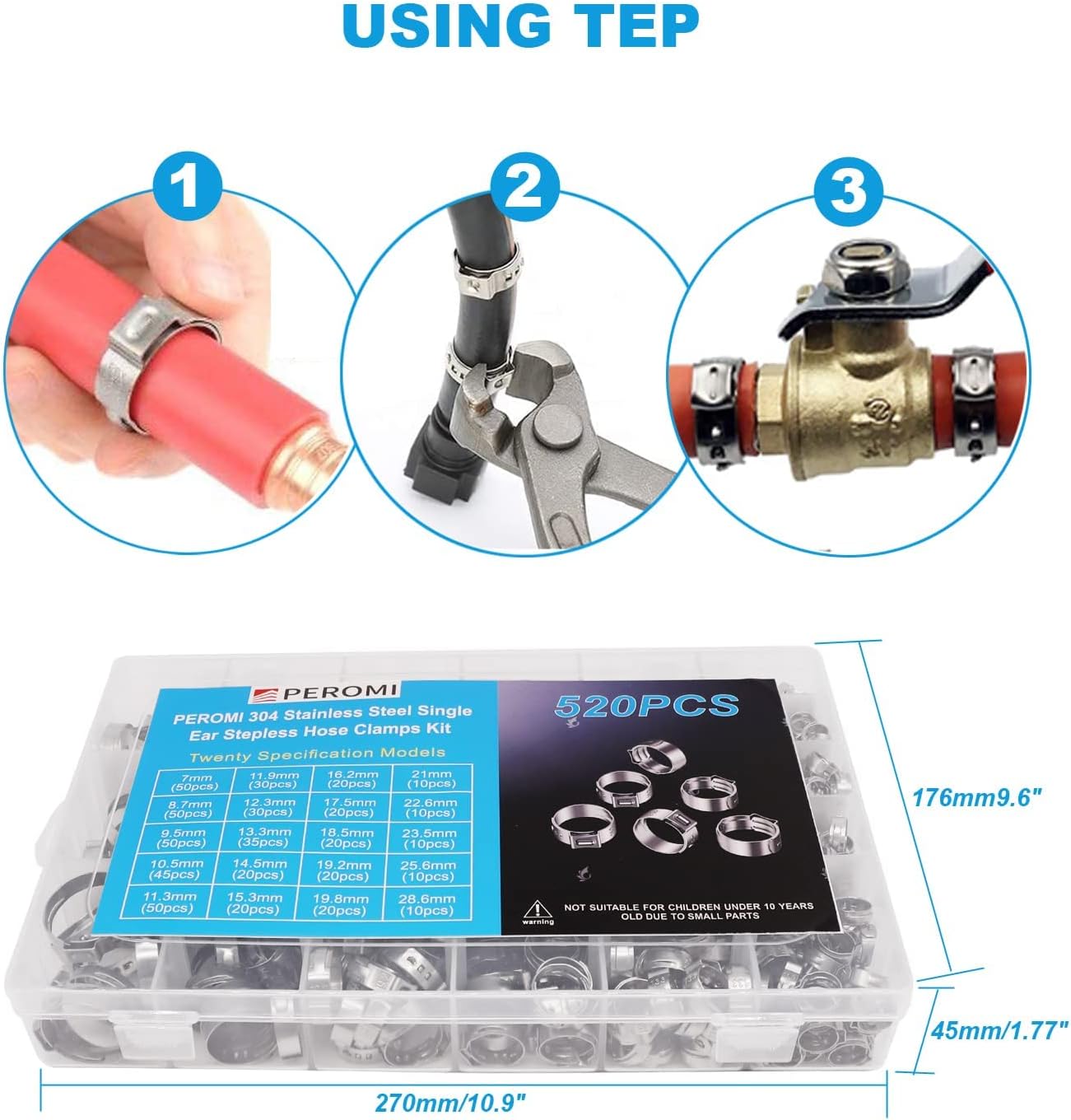 520 Pcs PEX Cinch clamps Ring, 20 Sizes 1/4-1 Inch Stainless Steel Single Ear Stepless Hose Clamps Assortment Kit for Water Pipe, Plumbing and Automotive Use