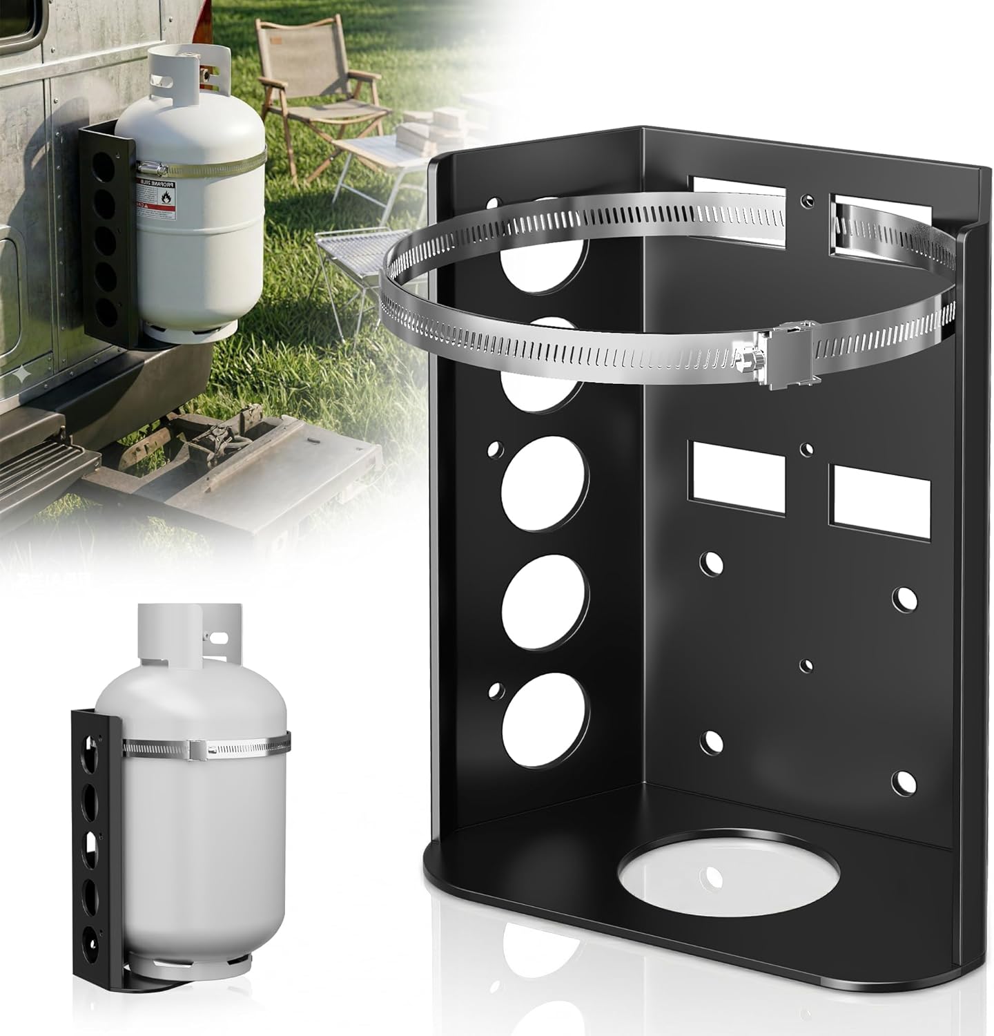 5LB Propane Tank Mounting Bracket Heavy Duty, Propane Tank Holder with Stainless Steel Strap & Rubber Inserts, for RV Trailer Truck Jeep Campervan Overland Vehicle Boat