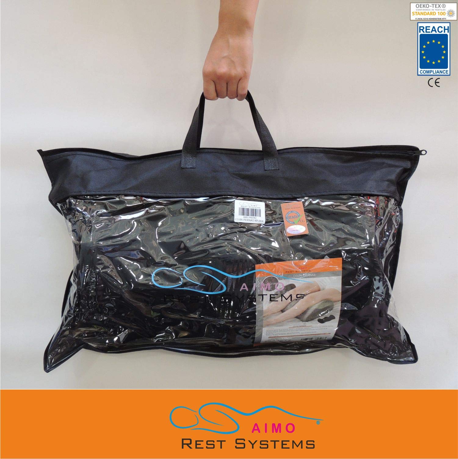 AIMO cojin piernas KP004 Ideal para elevacion de piernas con Problemas de circulación o piernas cansadas, certificados CE y Reach, desenfundable, Lavable, Funda de Algodon Natural en Color Negro.