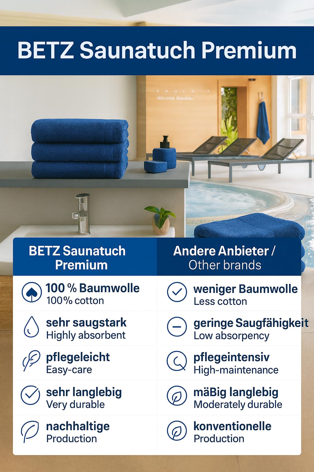 Betz Premium Juego de 2 Piezas de Toallas de Sauna 100% algodón XXL Toalla de baño 70x200 cm - Azul