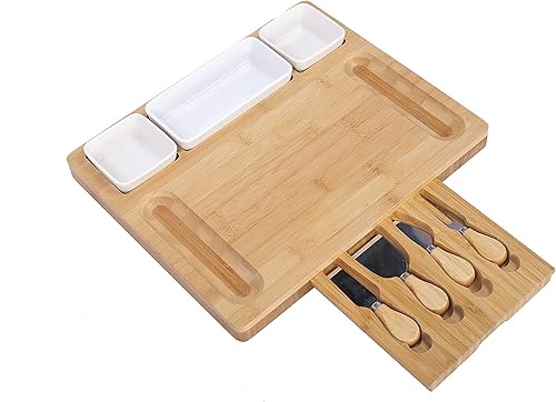 Miniatura 9 de Juego de cuchillos de bambú para queso, bandeja y bandeja para alimentos cocinados, 3 cuencos de cerámica, 4 cuchillos de acero inoxidable, con