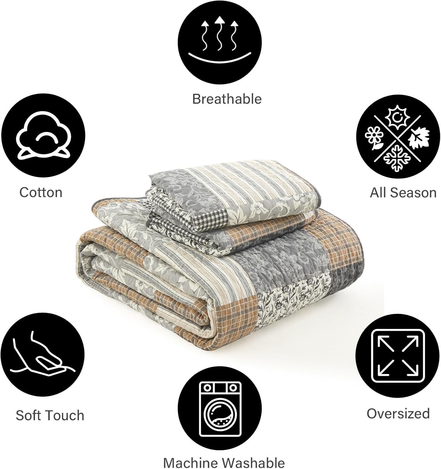 PANGUSHAN 100% Cotton King Quilt Bedding Set, Quilt King Size, Floral Patchwork Quilted Bedspread, Lightweight Comforter King Bed Spread for All Season, 3pcs, Brown/Gray - Image 5