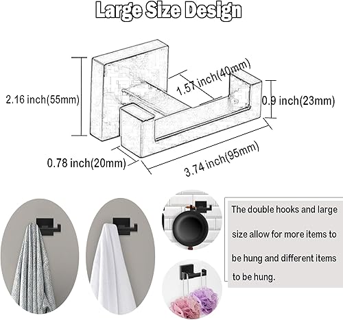 Miniatura 5 de BOZWELL Ganchos dobles para toallas para baño, montaje en pared negro mate, estilo cuadrado simple y moderno, gancho para bata y abrigo, colgador de