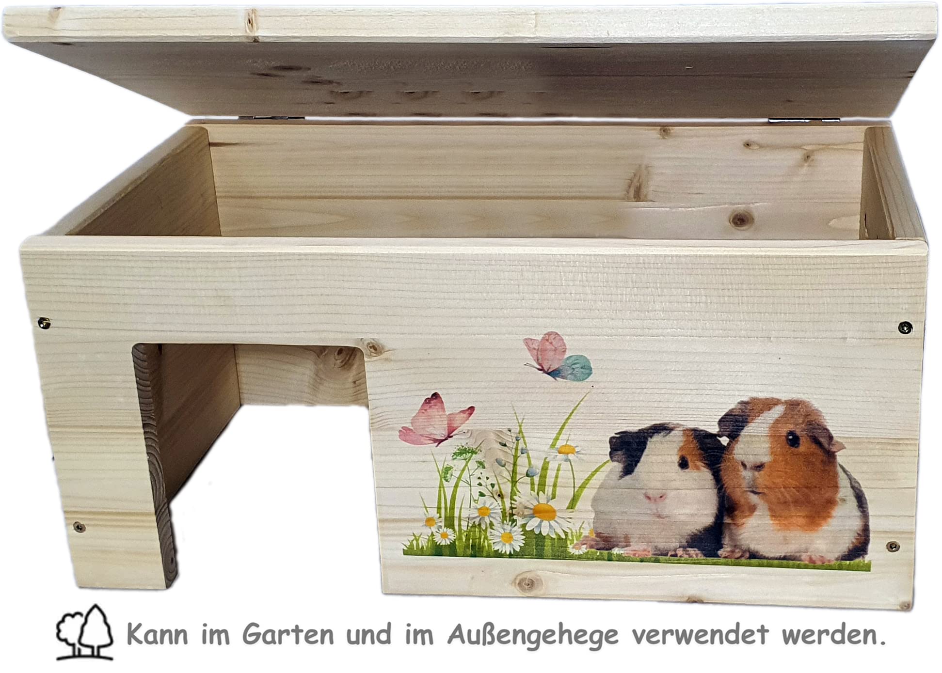 Meerschweinchenhaus aus Holz mit 2 Eingängen, Outdoor, Groß, Holzlasur & Aufklappbar / 45x25x22cm