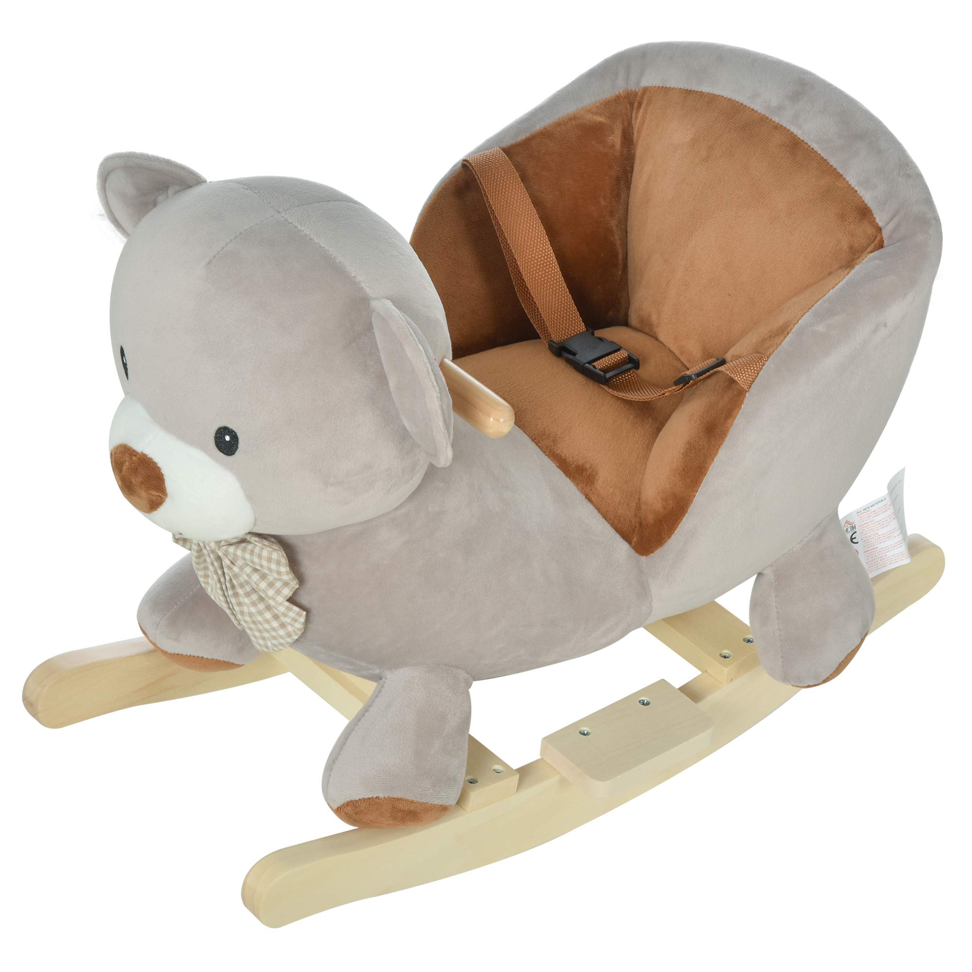HOMCOM Caballito Balancín para Bebé de 18-36 Meses Caballo Balancín de Peluche Suave con Forma de Oso con Sonido Manillar y Reposapiés 60x33x50 cm Gris