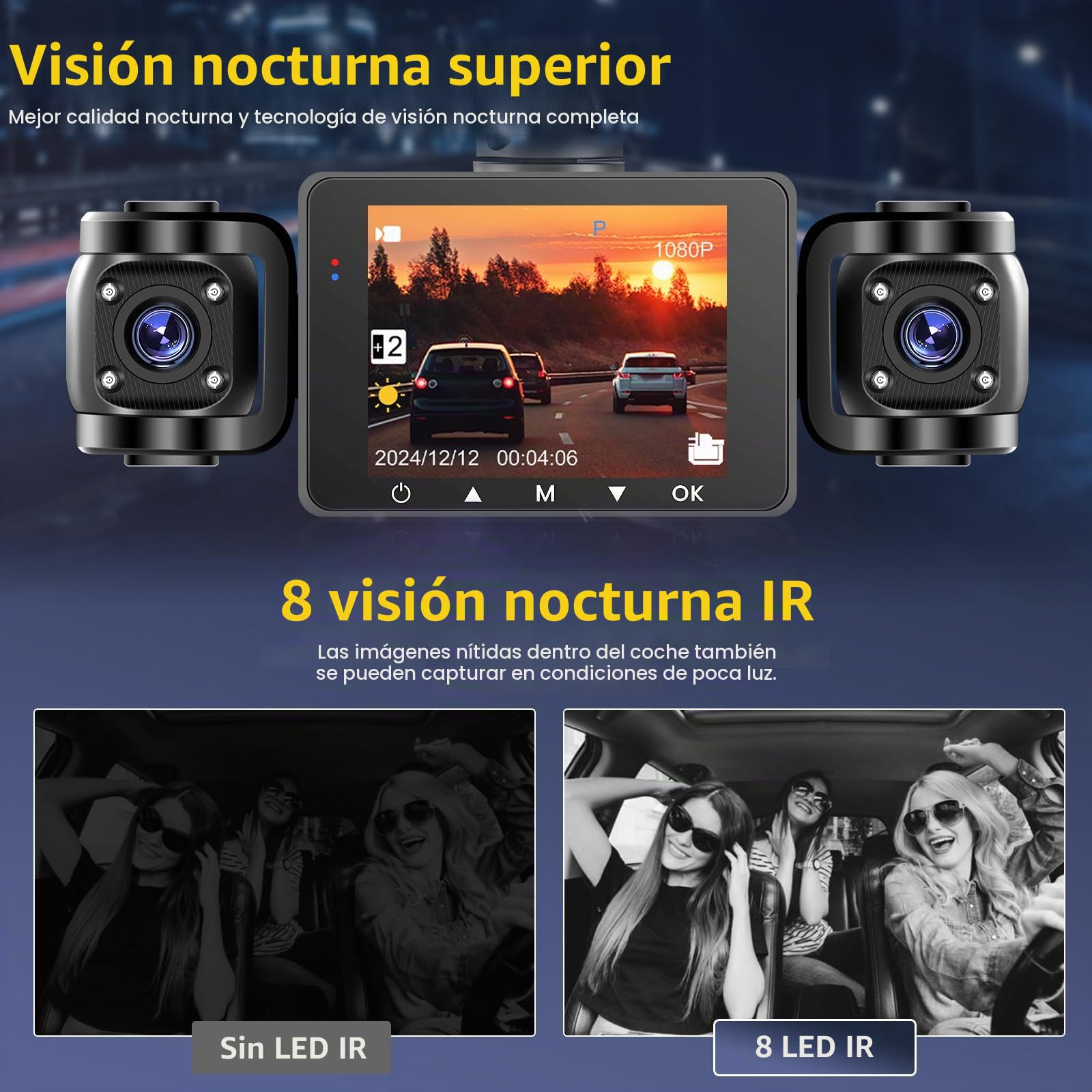 Hikity 2.4" 1080P WiFi Dashcam 4 Dashcam con DVR G-Sensor Tarjeta TF 64G | Pantalla IPS Dashcam con Coche Ángulo 360° Modo Aparcamiento 24H Grabación Continua Cámara de Coche Visión Nocturna